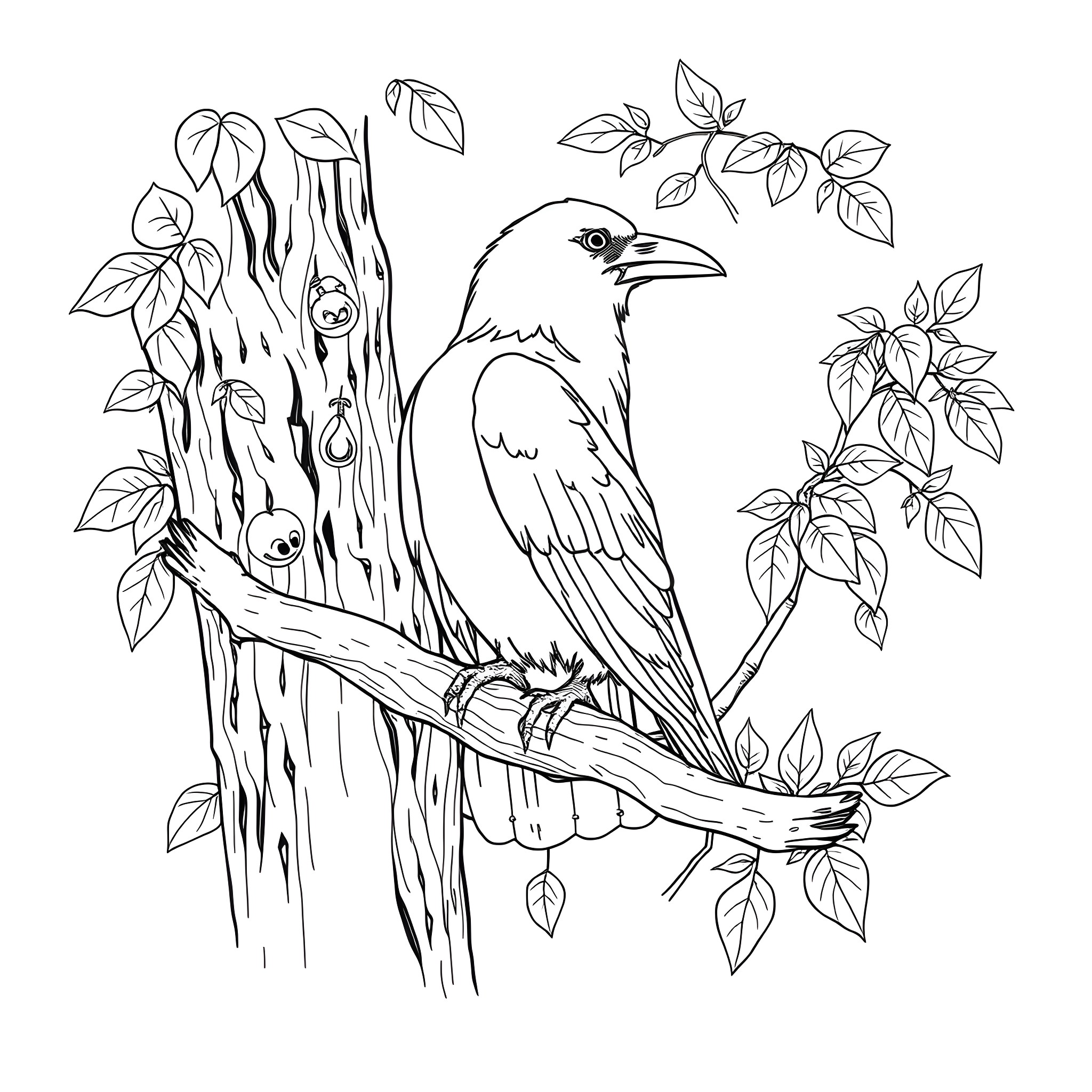 Crow perched on a branch surrounded by leaves Coloring Page (free black-and-white line drawing printable PDF for all, from beginners to advanced learners, including children, teens, adults, and seniors)