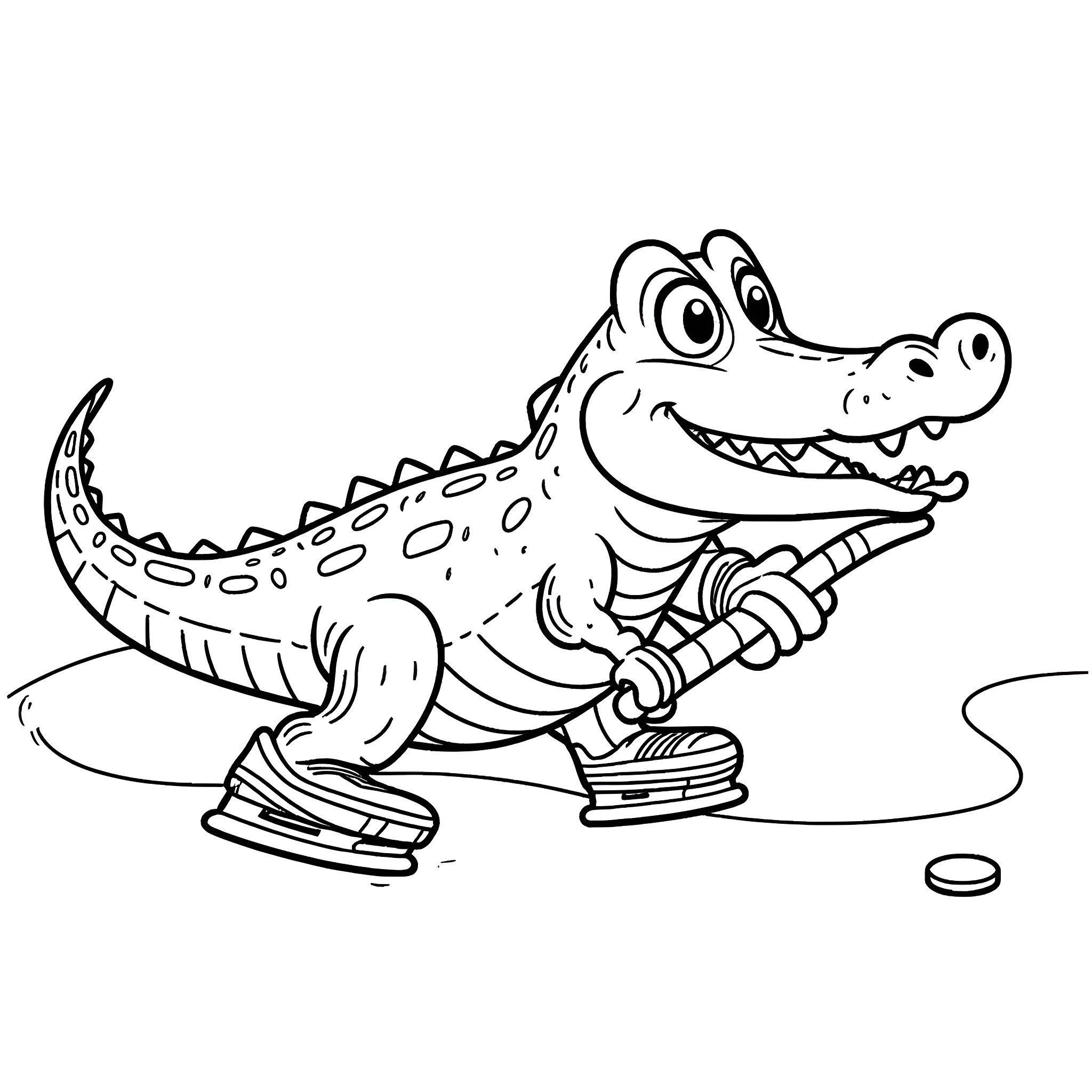 Alligator playing with hockey stick and puck Coloring Page (free black-and-white line drawing printable PDF for all, from beginners to advanced learners, including children, teens, adults, and seniors)