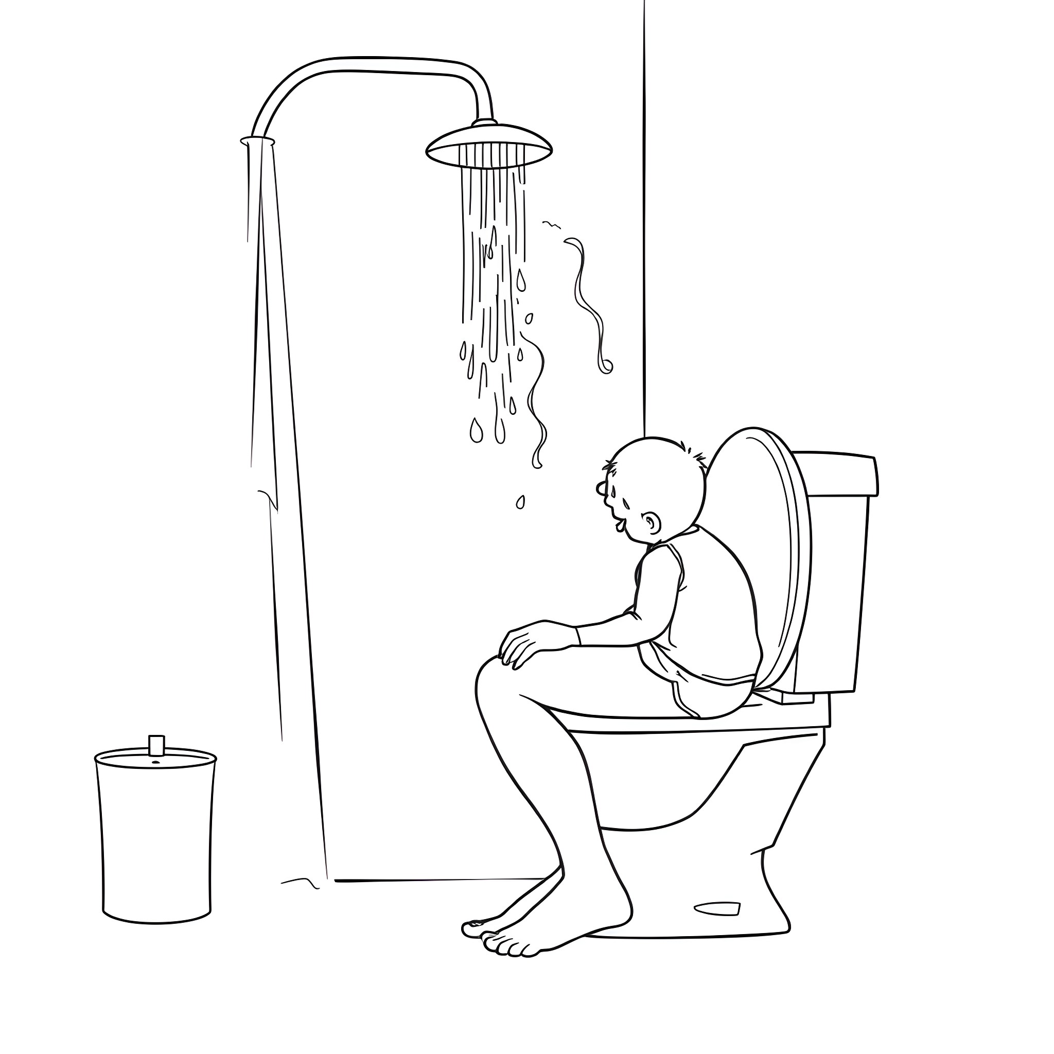 Dad takes a shower while relaxing on the toilet Coloring Page (free black-and-white line drawing printable PDF for all, from beginners to advanced learners, including children, teens, adults, and seniors)