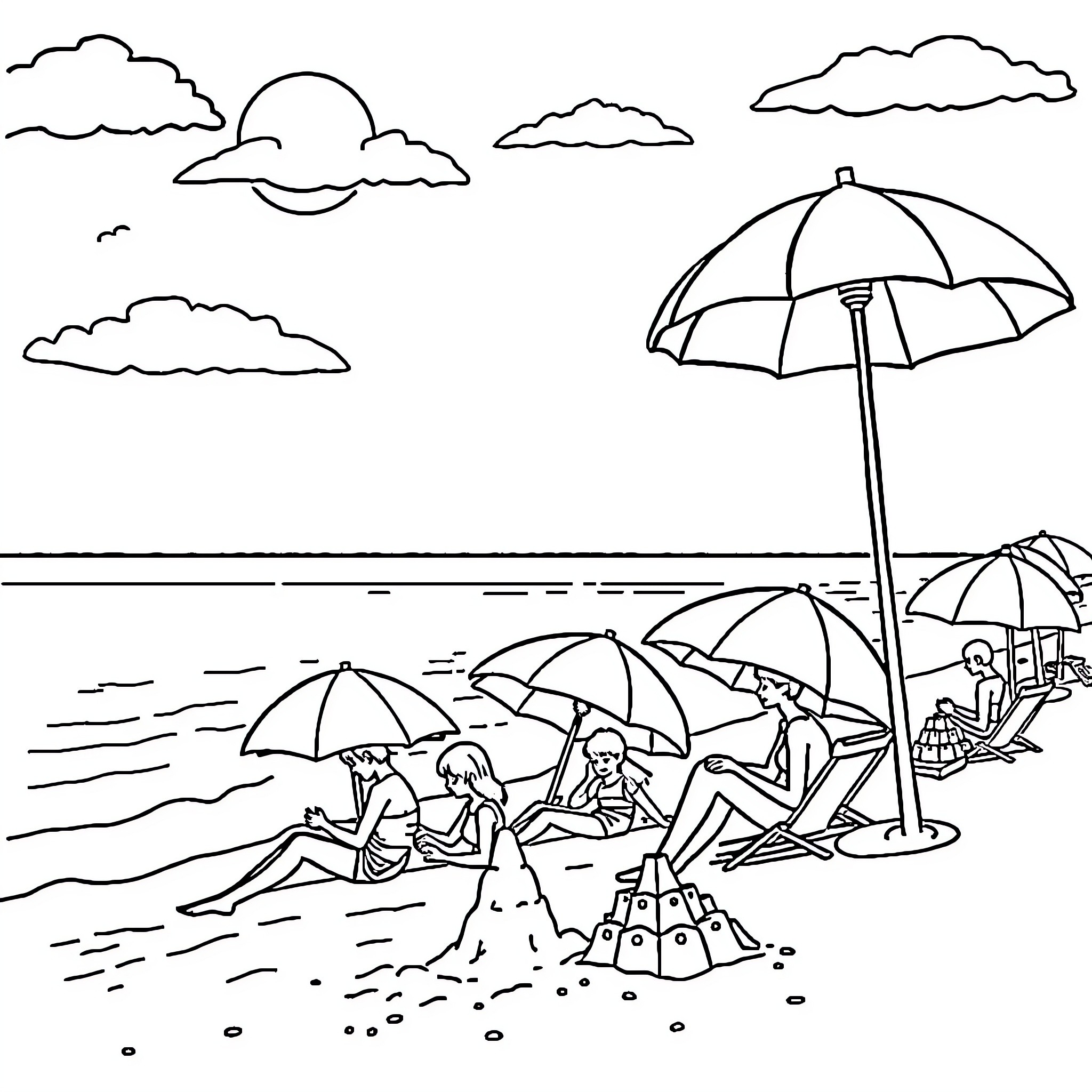 Jet2 beachgoers relaxing under umbrellas Coloring Page (free black-and-white line drawing printable PDF for all, from beginners to advanced learners, including children, teens, adults, and seniors)