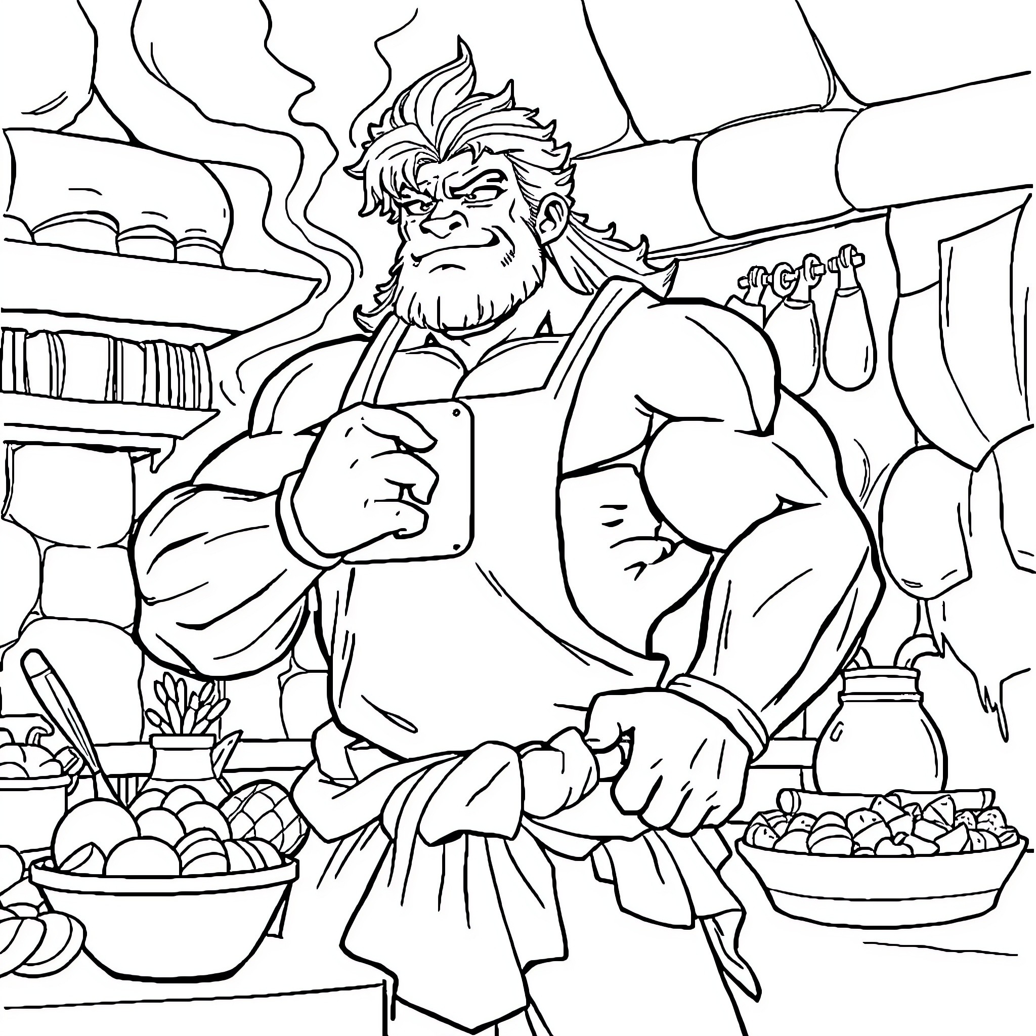 Broly Cooking Meal in the Kitchen Coloring Page (free black-and-white line drawing printable PDF for all, from beginners to advanced learners, including children, teens, adults, and seniors)