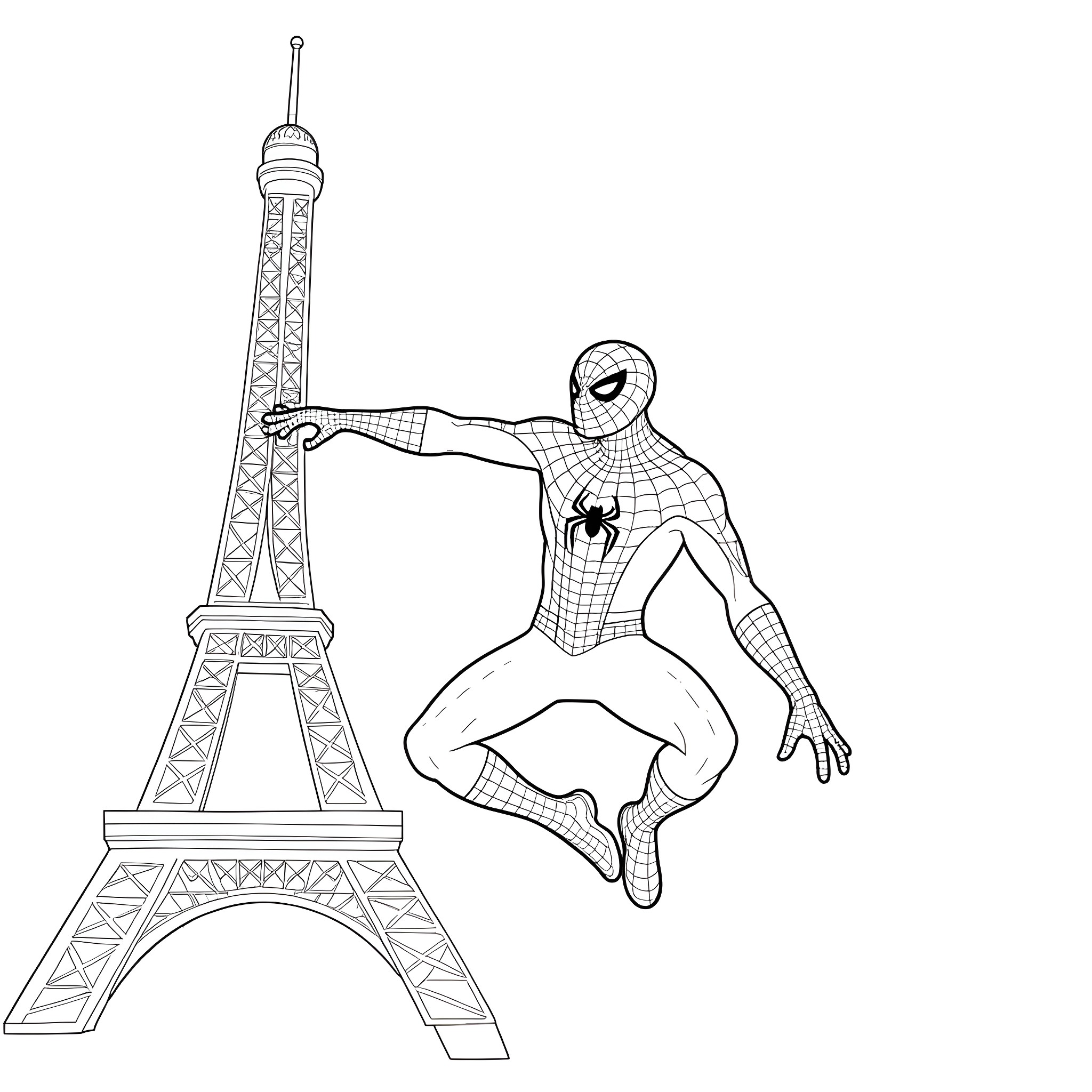 Spider-Man swinging through Paris near the Eiffel Tower Coloring Page (free black-and-white line drawing printable PDF for all, from beginners to advanced learners, including children, teens, adults, and seniors)
