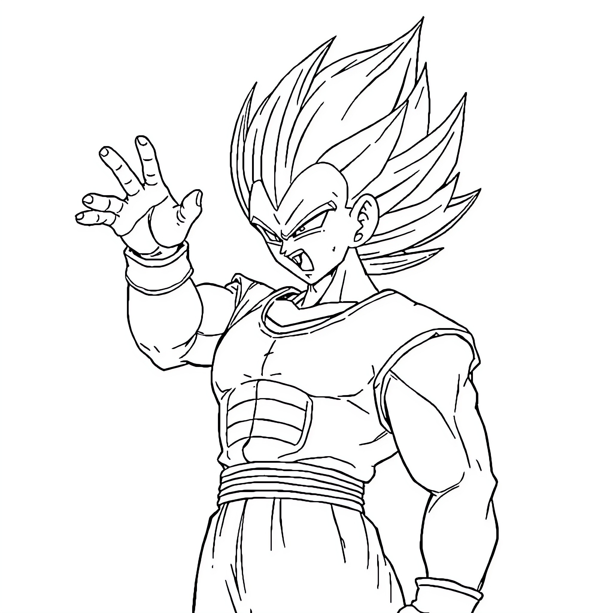 Vegeta Powering Up with Intense Expression Coloring Page (free black-and-white line drawing printable PDF for all, from beginners to advanced learners, including children, teens, adults, and seniors)