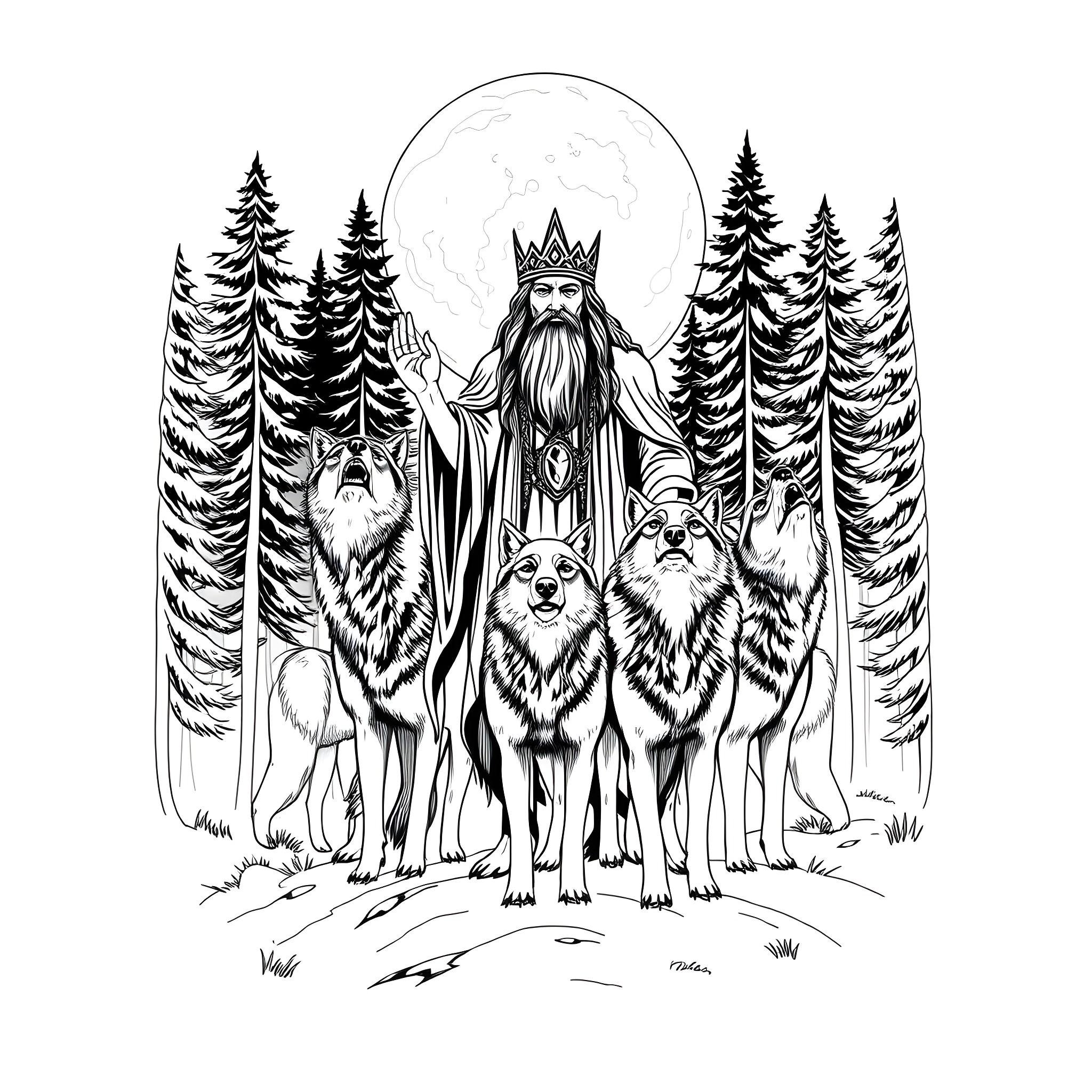 Spirit of the Forest Guardians Coloring Page (free black-and-white line drawing printable PDF for all, from beginners to advanced learners, including children, teens, adults, and seniors)