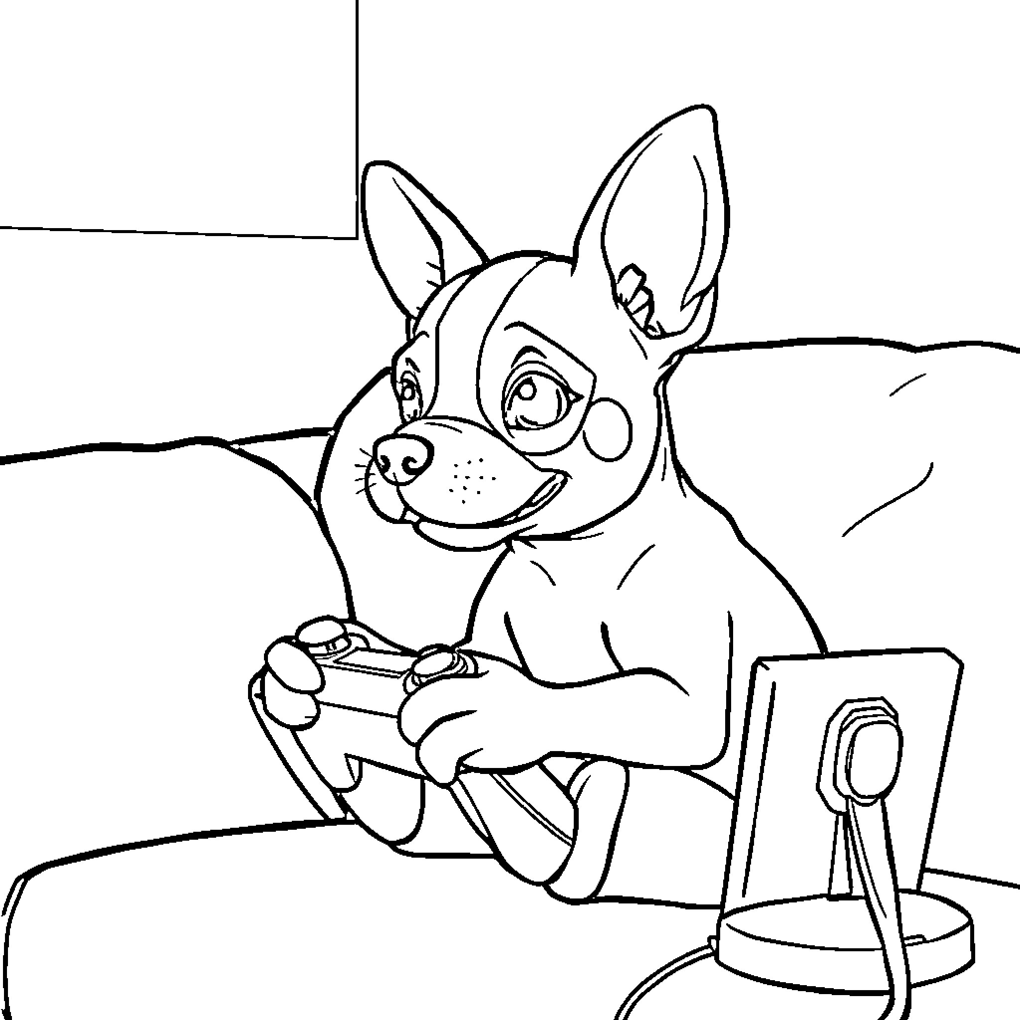 Perro playing video game with enthusiasm Coloring Page (free black-and-white line drawing printable PDF for all, from beginners to advanced learners, including children, teens, adults, and seniors)