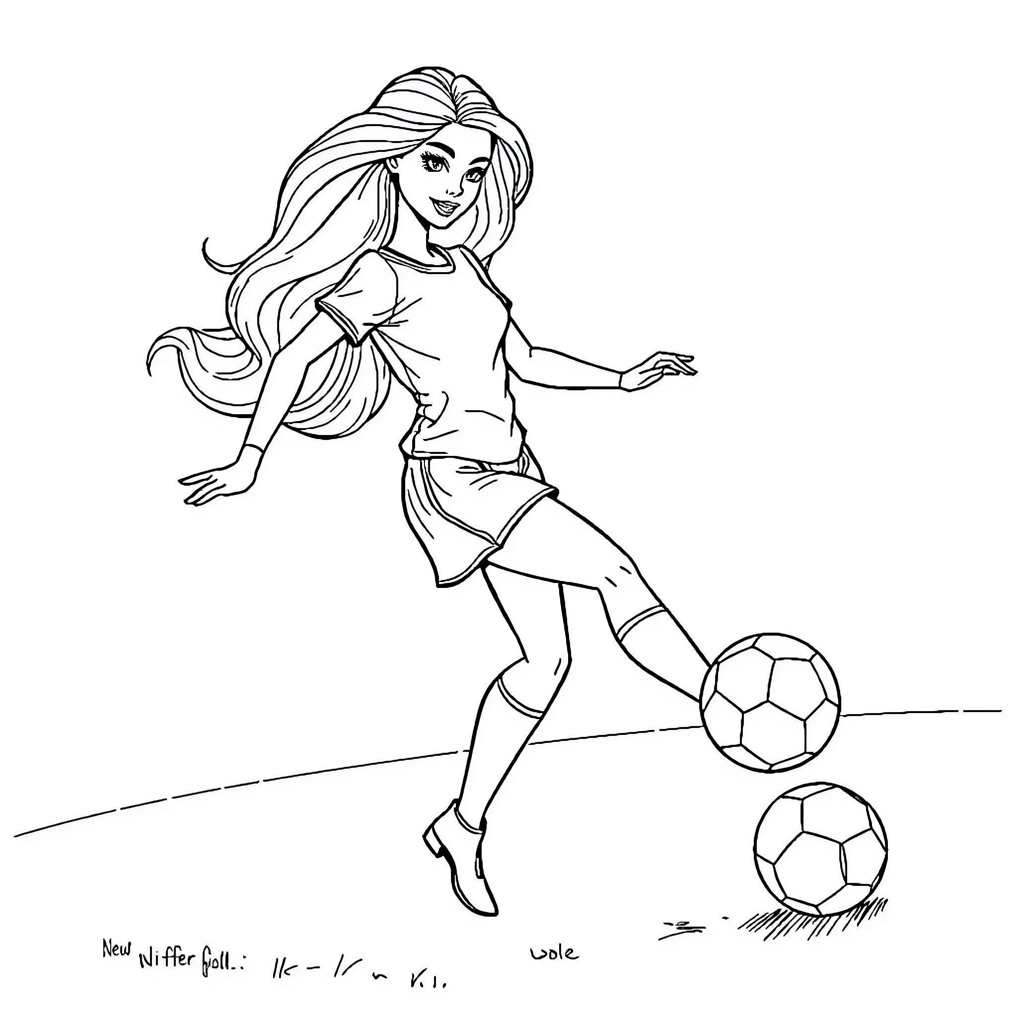 Barbie playing soccer with energy and enthusiasm Coloring Page (free black-and-white line drawing printable PDF for all, from beginners to advanced learners, including children, teens, adults, and seniors)