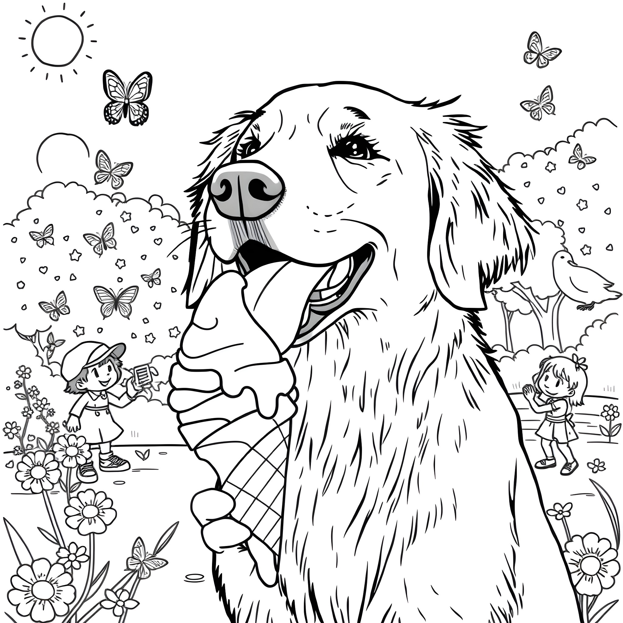 Golden Retriever Enjoying Nature's Beauty Coloring Page (free black-and-white line drawing printable PDF for all, from beginners to advanced learners, including children, teens, adults, and seniors)