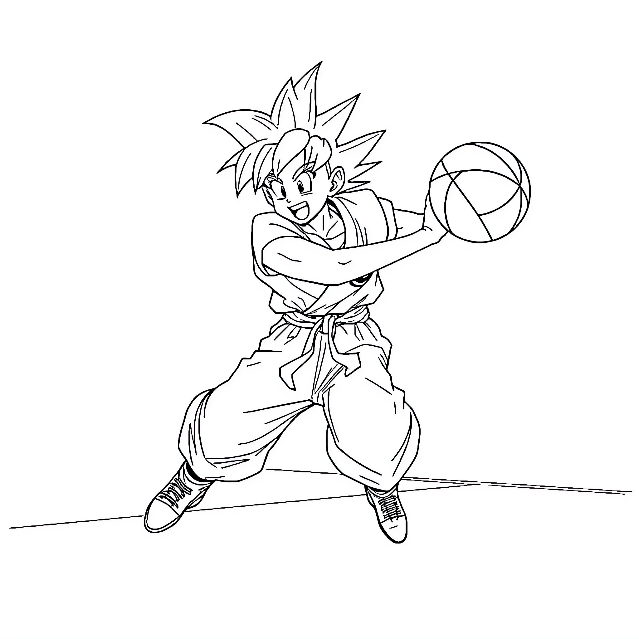 Goku Playing with Energy Ball Coloring Page (free black-and-white line drawing printable PDF for all, from beginners to advanced learners, including children, teens, adults, and seniors)