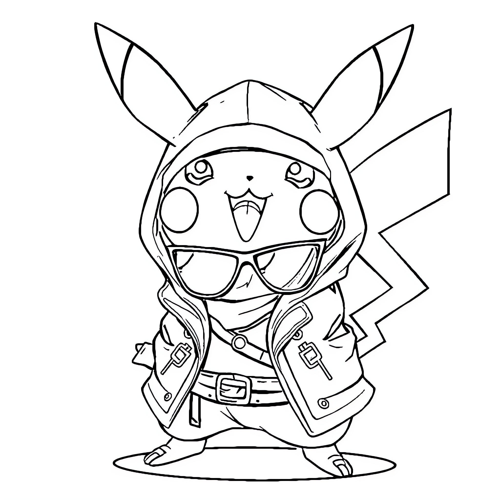 Pikachu wearing a detective outfit Coloring Page (free black-and-white line drawing printable PDF for all, from beginners to advanced learners, including children, teens, adults, and seniors)
