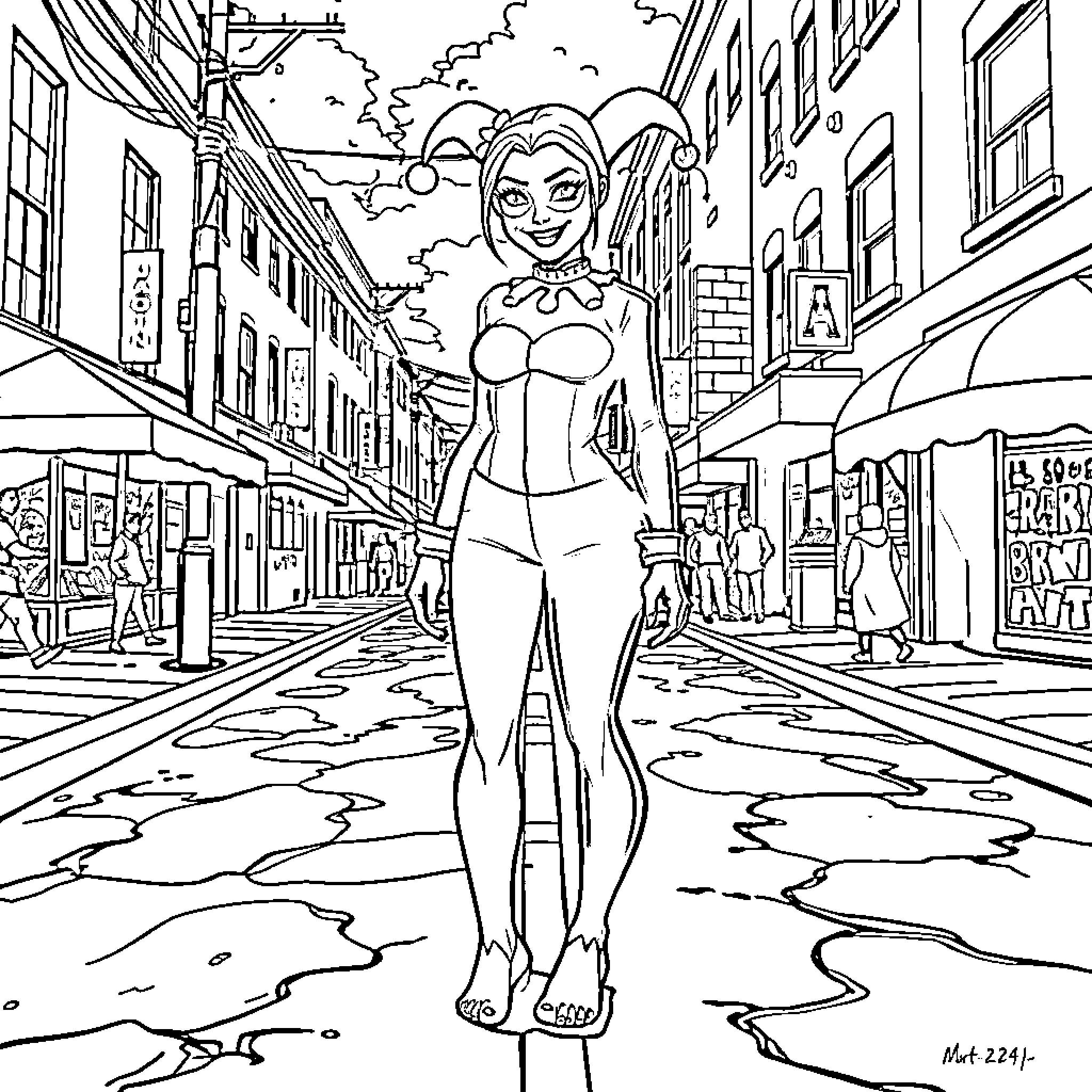 Harley Quinn in Action on the City Street Coloring Page (free black-and-white line drawing printable PDF for all, from beginners to advanced learners, including children, teens, adults, and seniors)