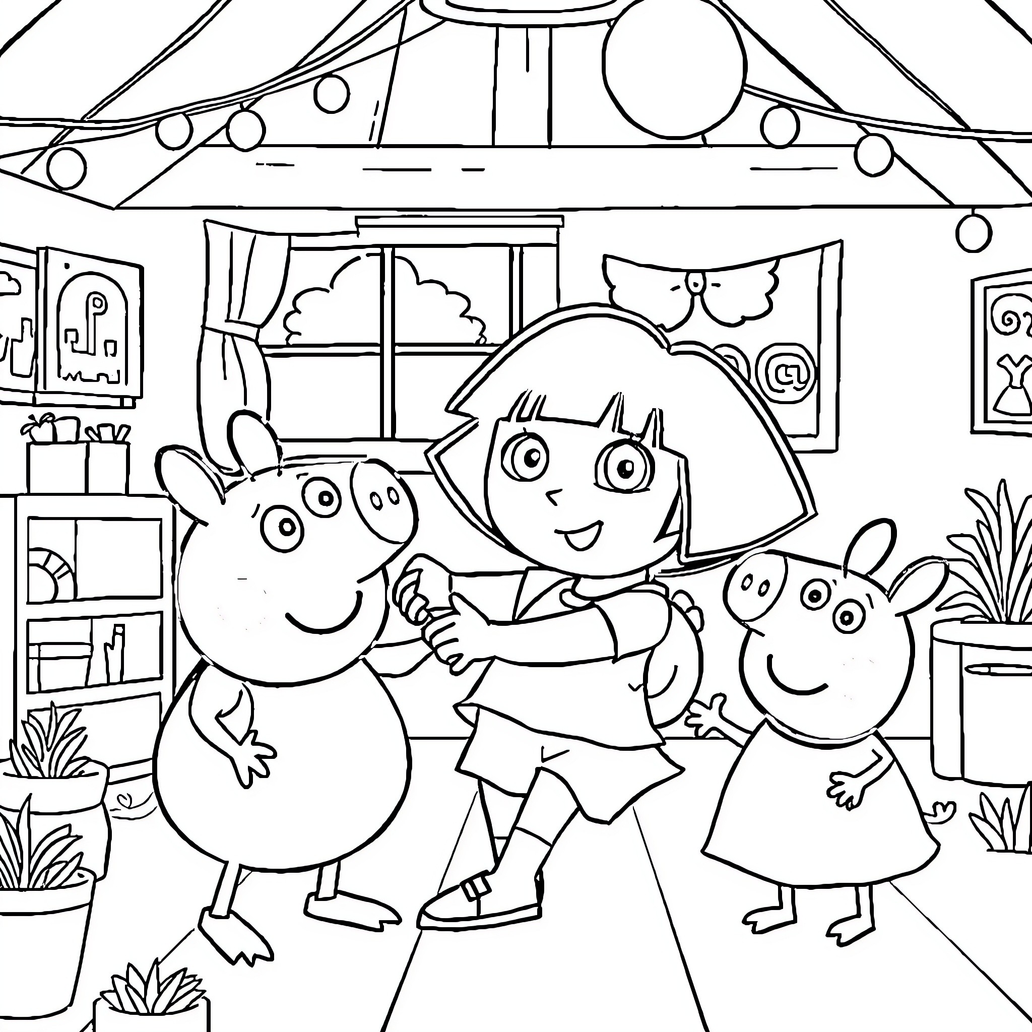 Dora's Playful Adventure with Friends Coloring Page (free black-and-white line drawing printable PDF for all, from beginners to advanced learners, including children, teens, adults, and seniors)