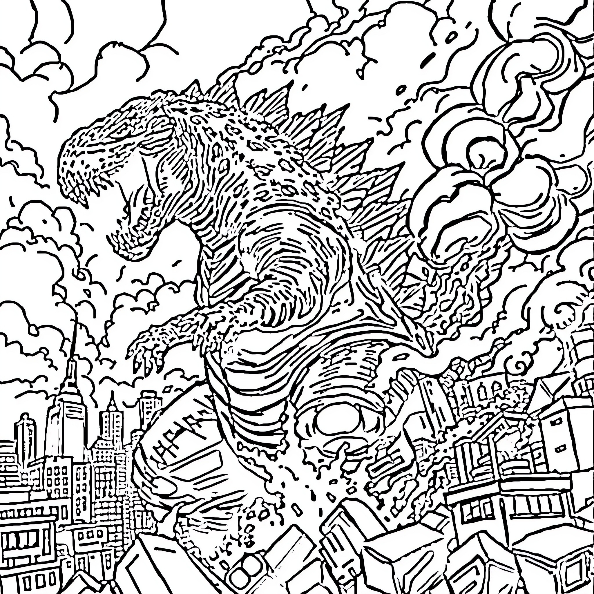 Godzilla rampaging through a cityscape Coloring Page (free black-and-white line drawing printable PDF for all, from beginners to advanced learners, including children, teens, adults, and seniors)