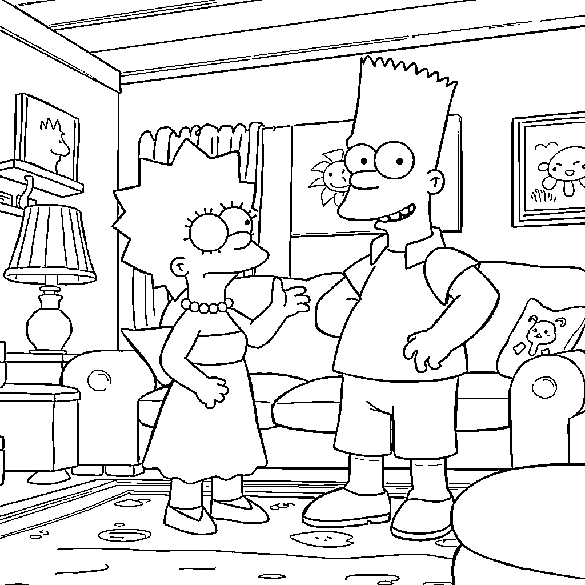 Bart and Lisa hanging out in their room Coloring Page (free black-and-white line drawing printable PDF for all, from beginners to advanced learners, including children, teens, adults, and seniors)