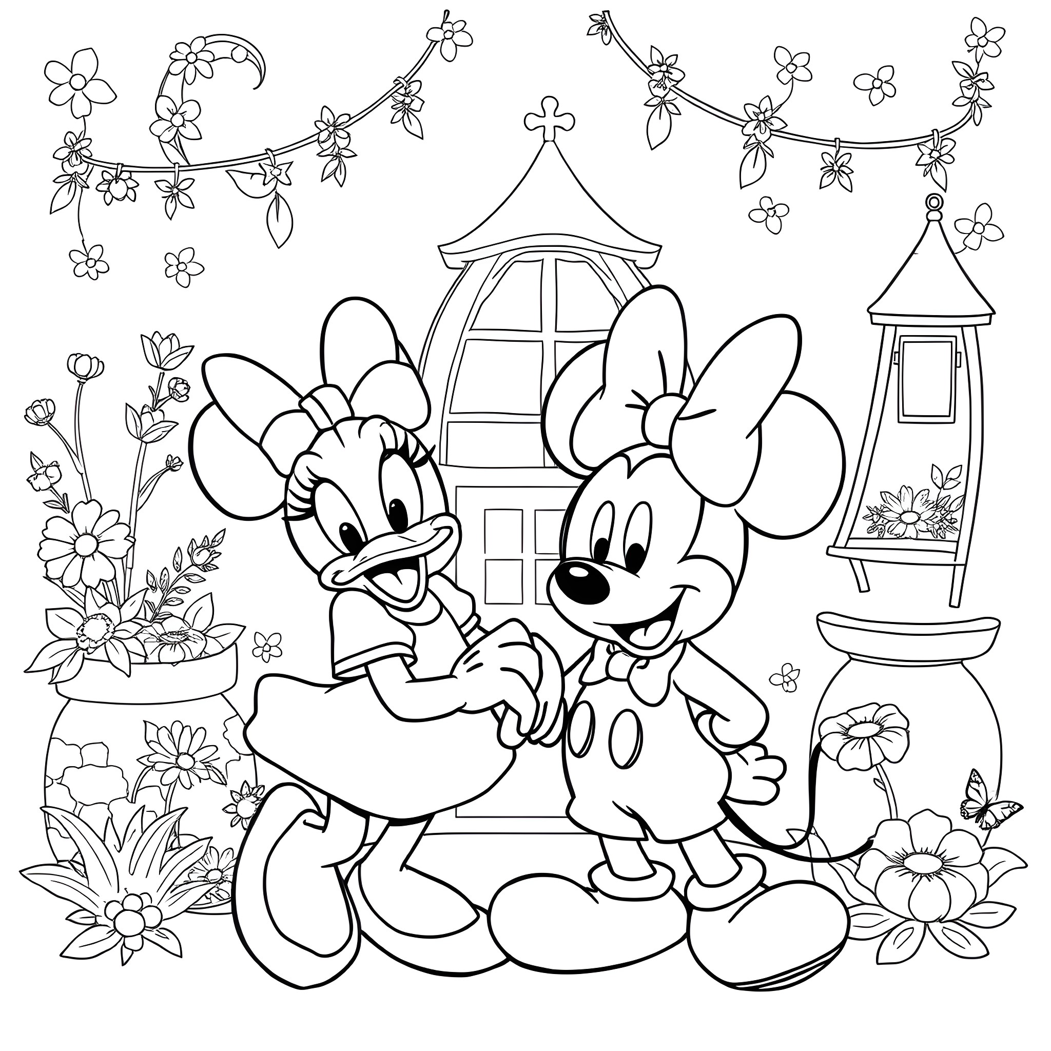 Mickey Mouse and Minnie Mouse in a floral garden Coloring Page (free black-and-white line drawing printable PDF for all, from beginners to advanced learners, including children, teens, adults, and seniors)