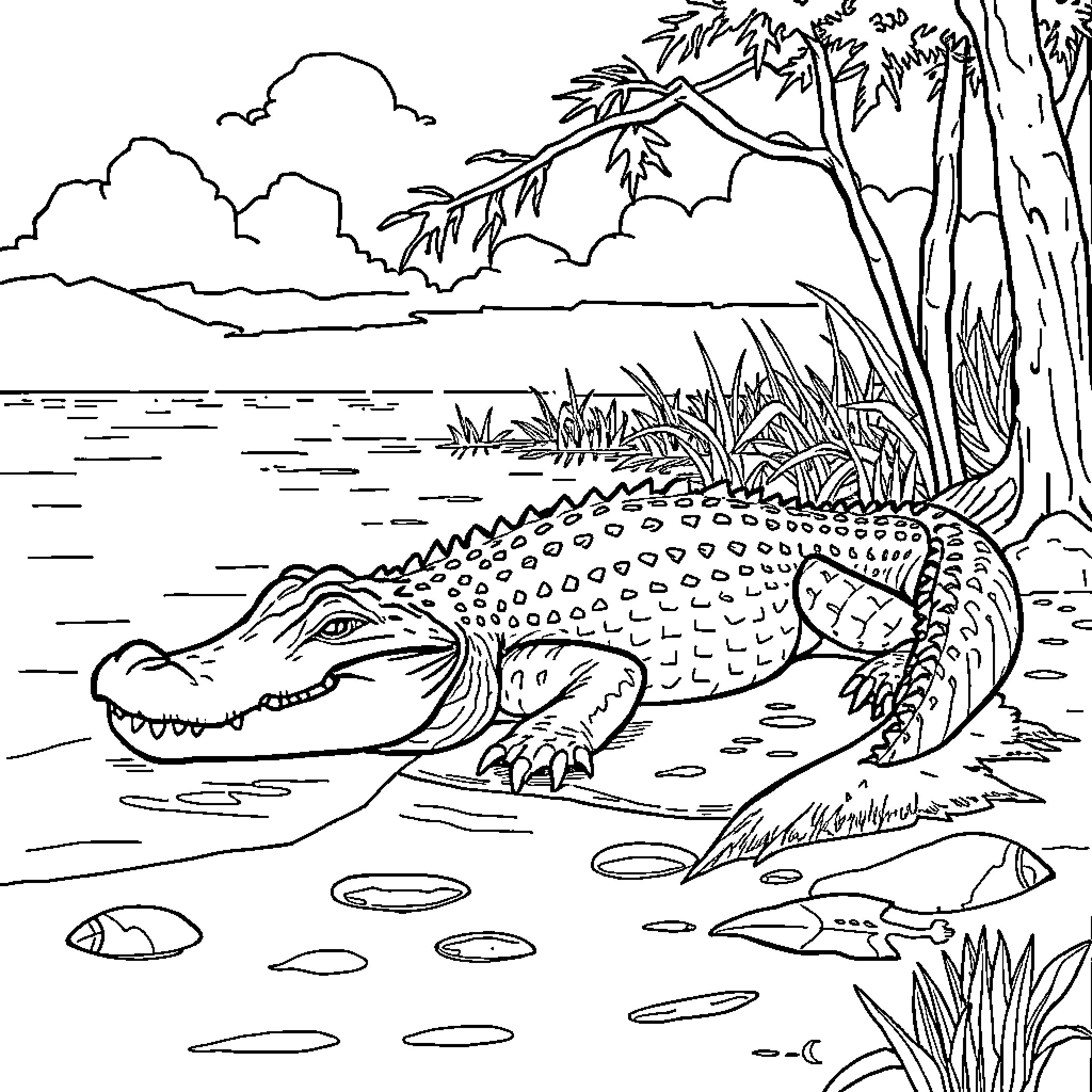 Alligator resting peacefully on a river bank Coloring Page (free black-and-white line drawing printable PDF for all, from beginners to advanced learners, including children, teens, adults, and seniors)