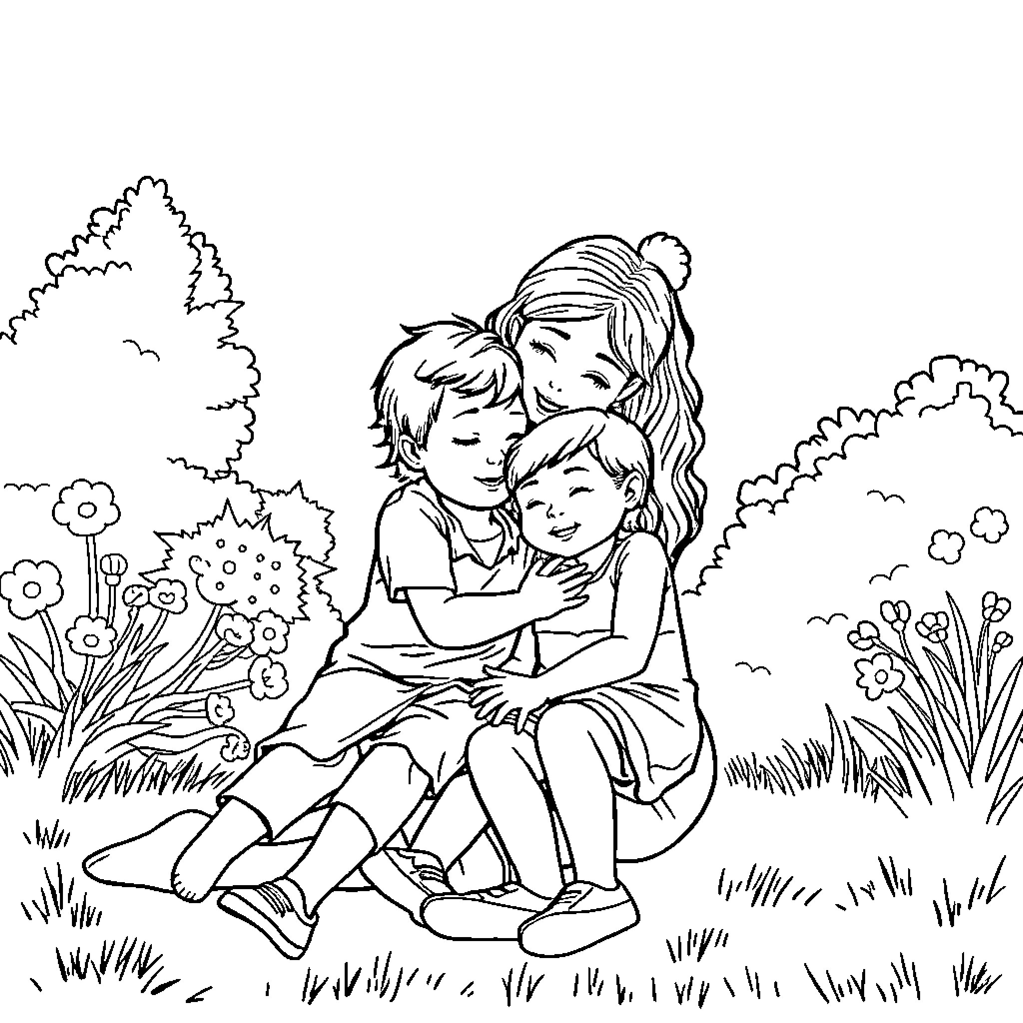 Mother embracing children with affection in nature Coloring Page (free black-and-white line drawing printable PDF for all, from beginners to advanced learners, including children, teens, adults, and seniors)
