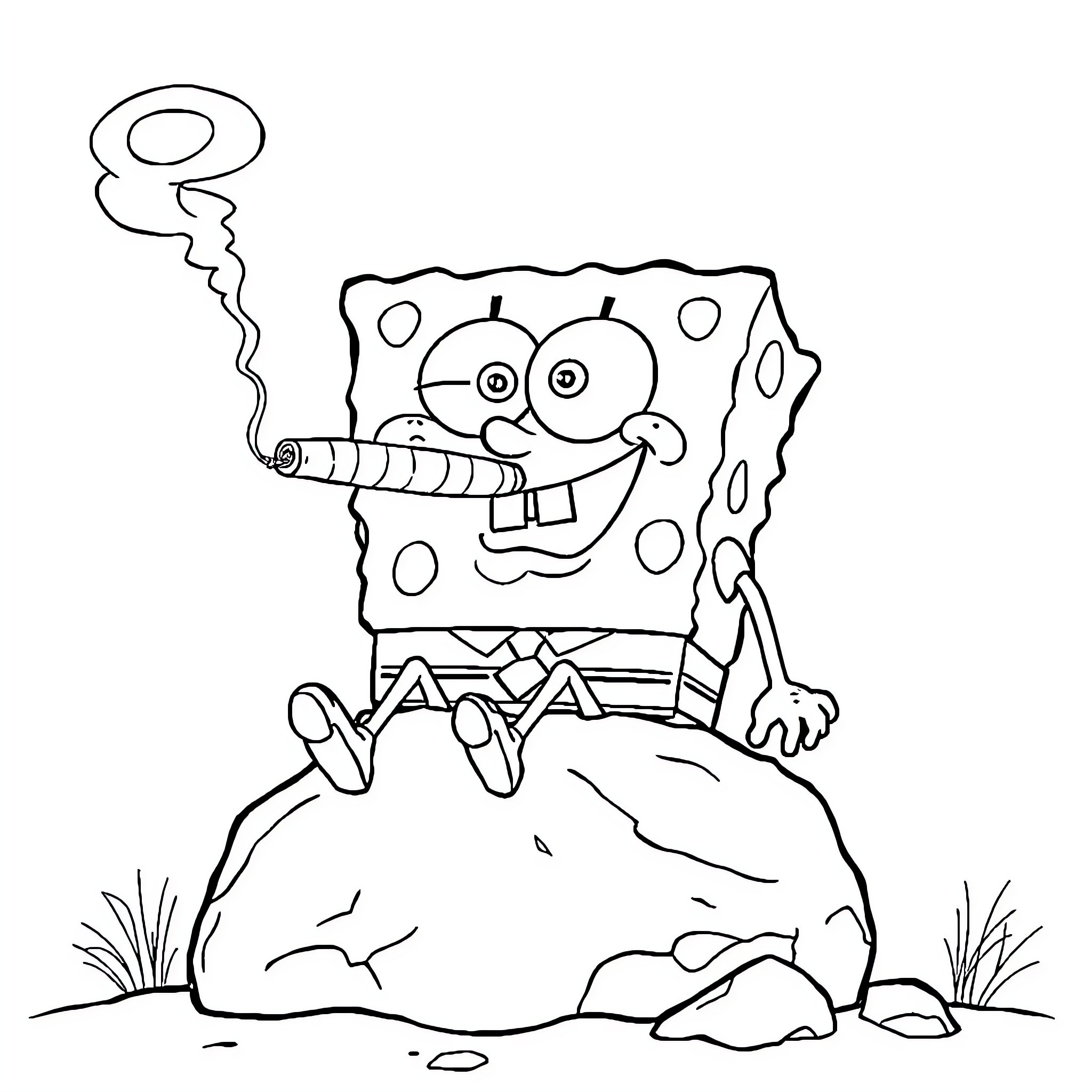 Spongebob smoking a pipe on a rock Coloring Page (free black-and-white line drawing printable PDF for all, from beginners to advanced learners, including children, teens, adults, and seniors)