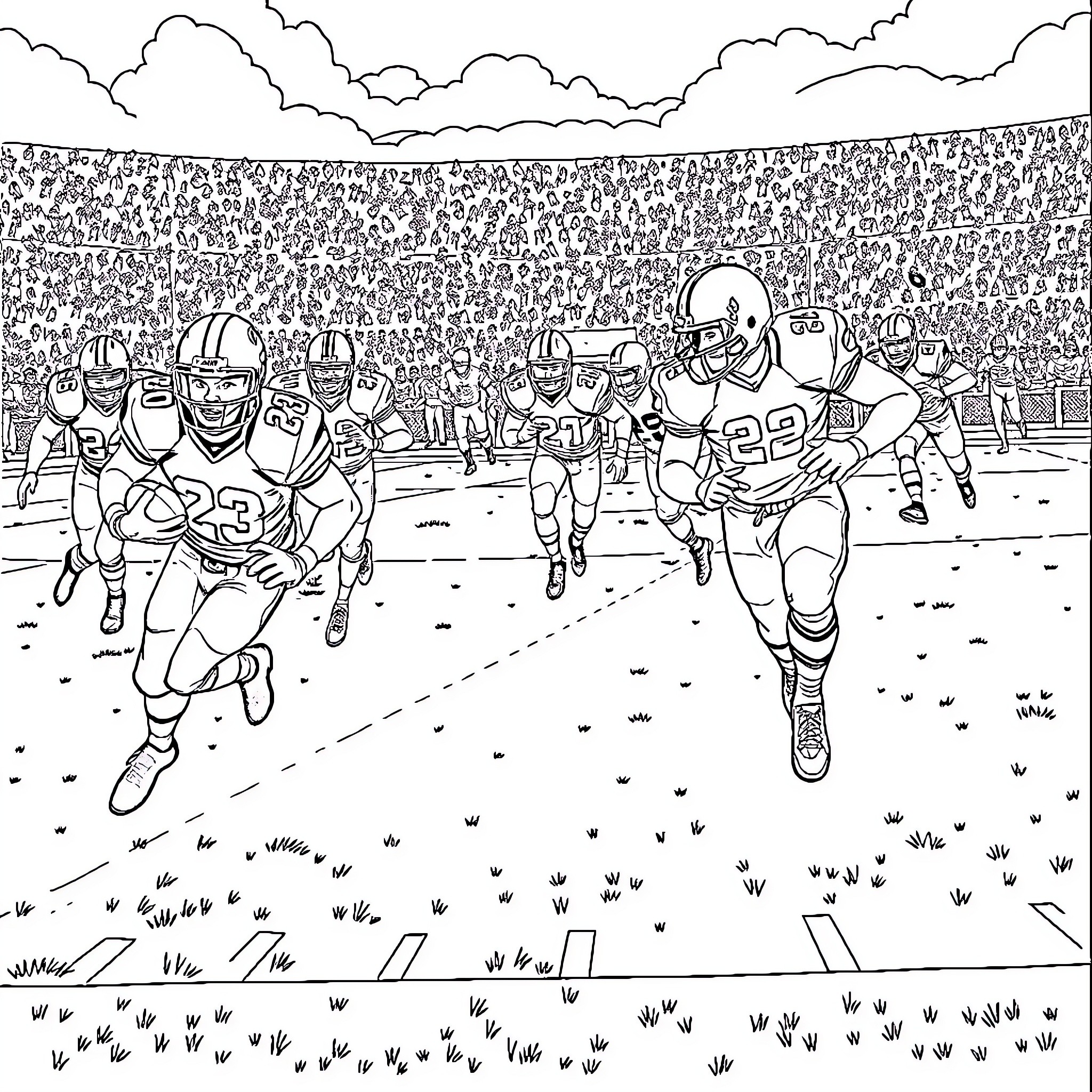 American Football Players in an Intense Game Coloring Page (free black-and-white line drawing printable PDF for all, from beginners to advanced learners, including children, teens, adults, and seniors)
