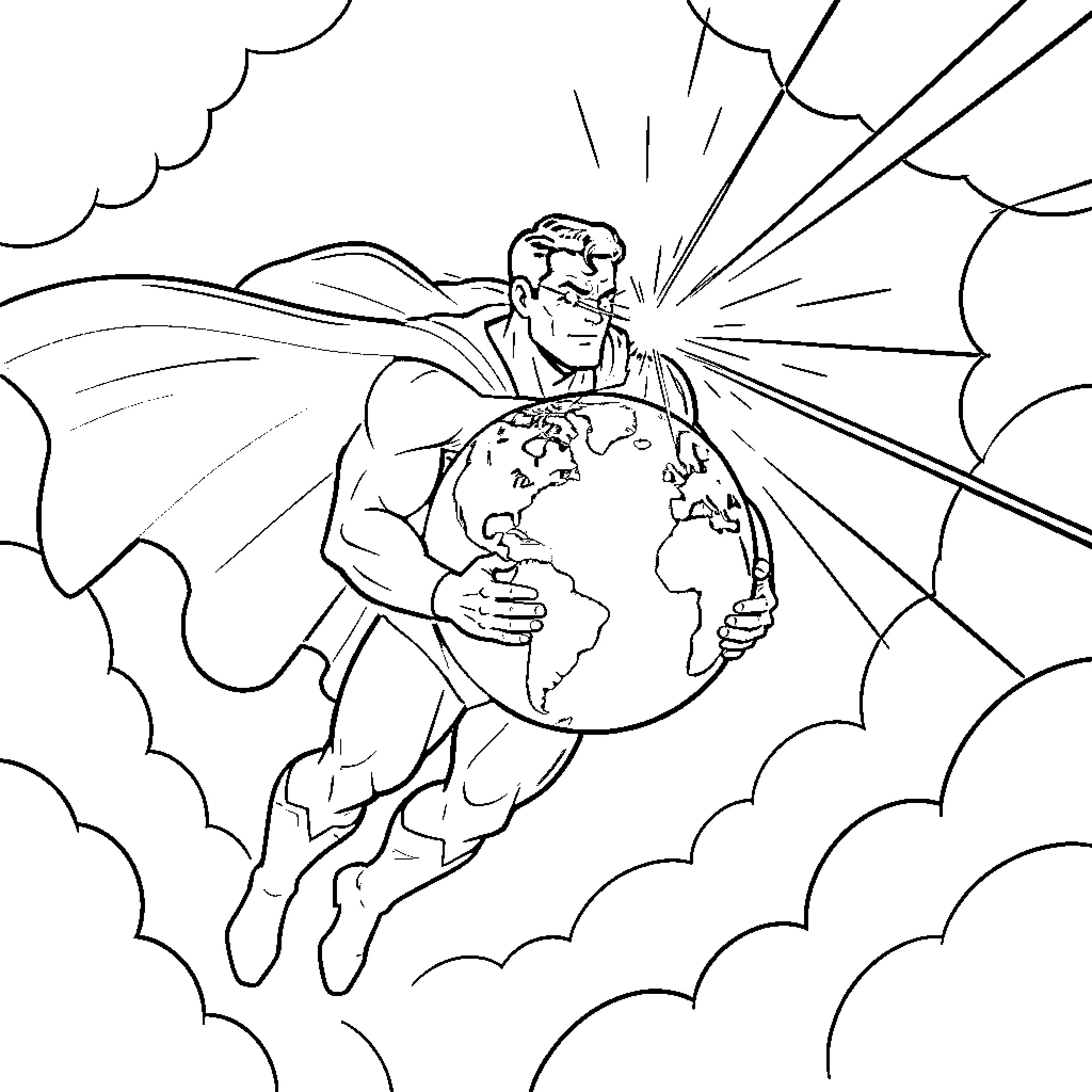 Superman saves the world in heroic action Coloring Page (free black-and-white line drawing printable PDF for all, from beginners to advanced learners, including children, teens, adults, and seniors)