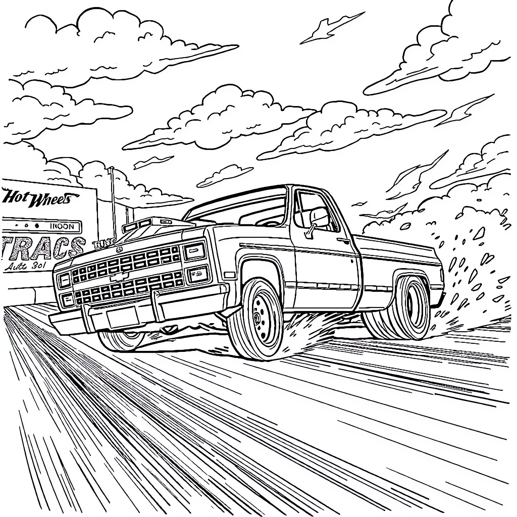 Chevy truck racing through the countryside Coloring Page (free black-and-white line drawing printable PDF for all, from beginners to advanced learners, including children, teens, adults, and seniors)