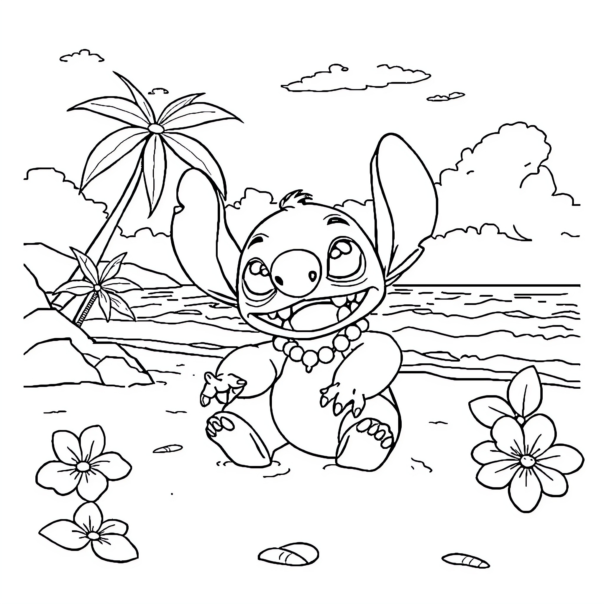 Stitch enjoying a tropical beach scene Coloring Page (free black-and-white line drawing printable PDF for all, from beginners to advanced learners, including children, teens, adults, and seniors)