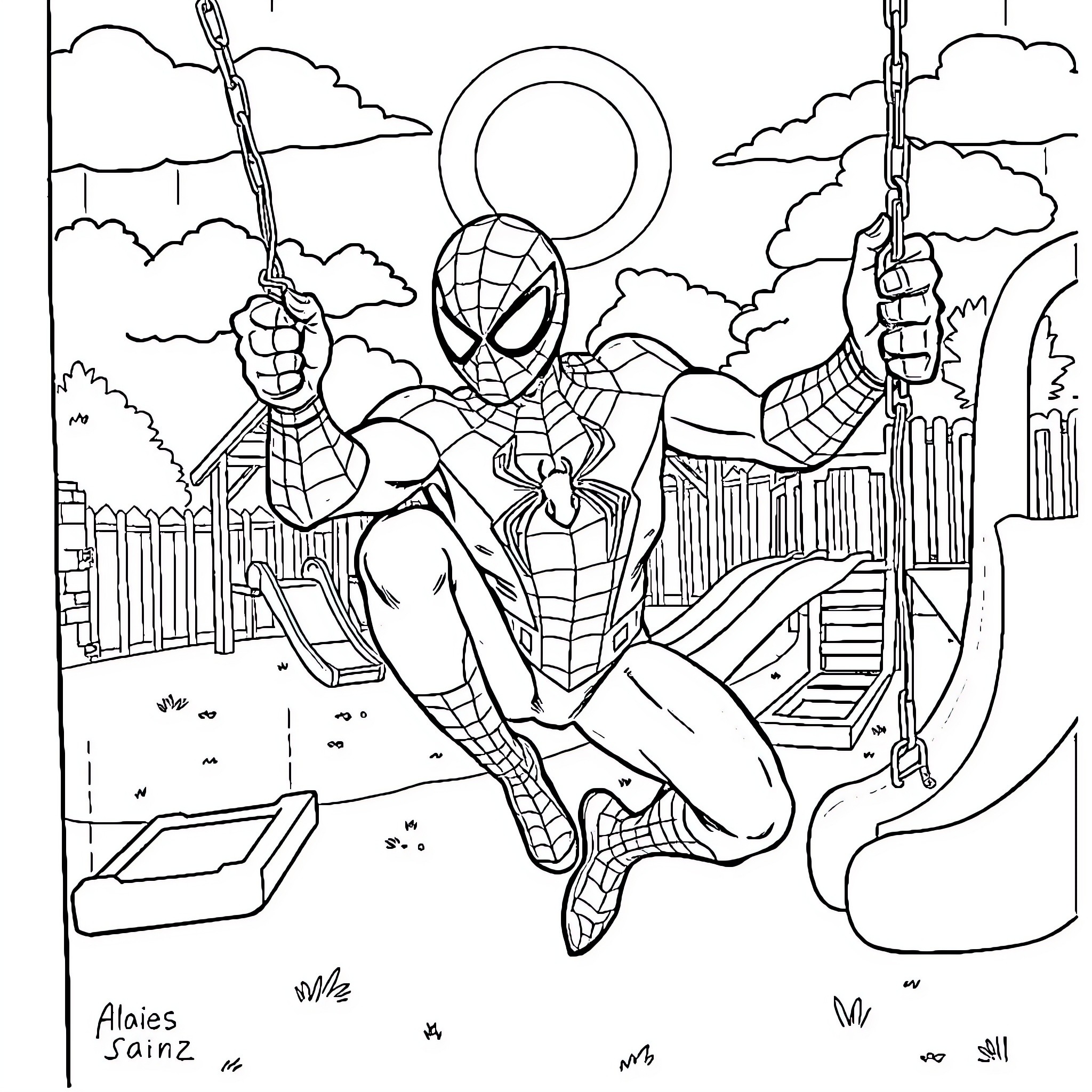 Spiderman swinging through the city with action and heroic pose Coloring Page (free black-and-white line drawing printable PDF for all, from beginners to advanced learners, including children, teens, adults, and seniors)
