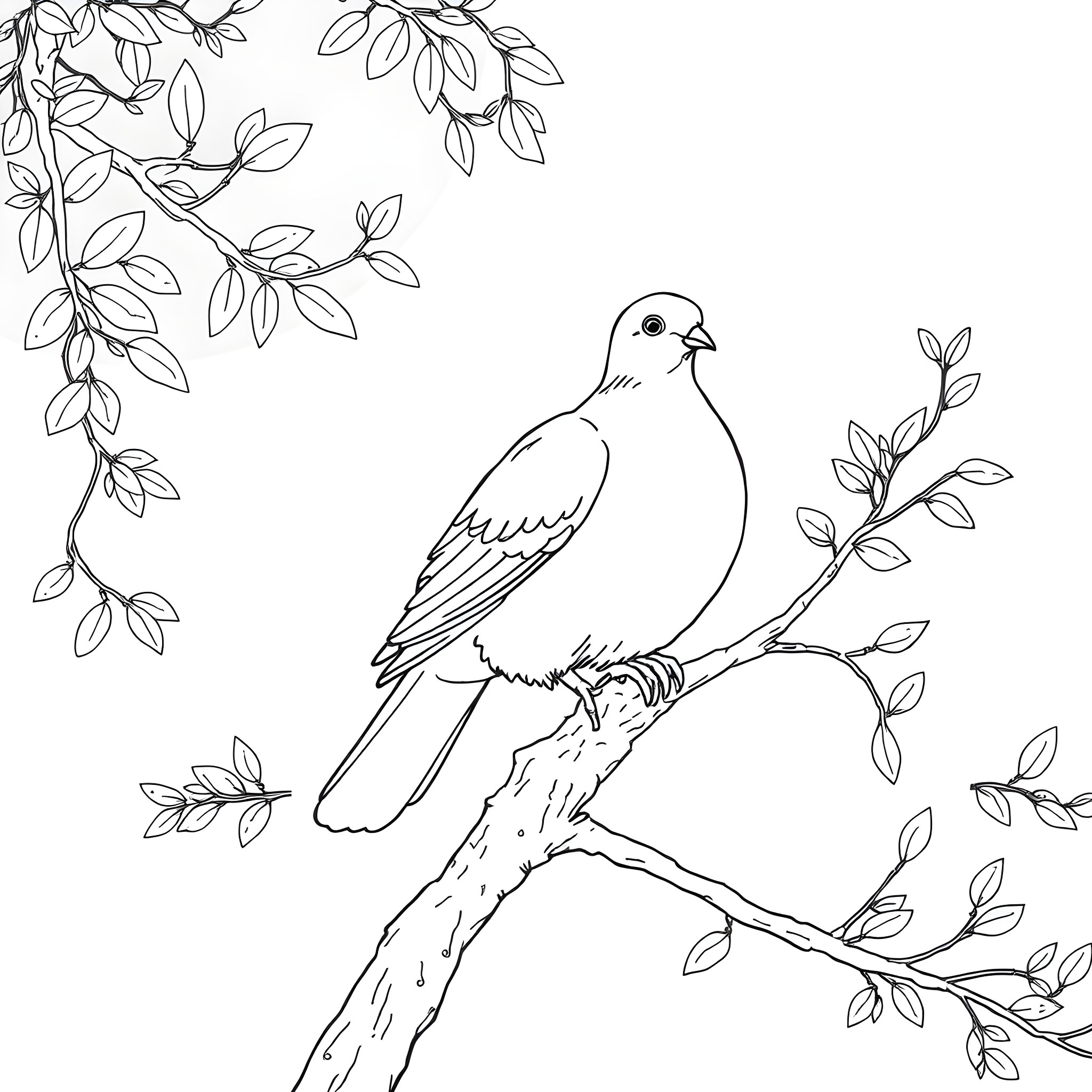 Dove perched on a branch with leaves Coloring Page (free black-and-white line drawing printable PDF for all, from beginners to advanced learners, including children, teens, adults, and seniors)