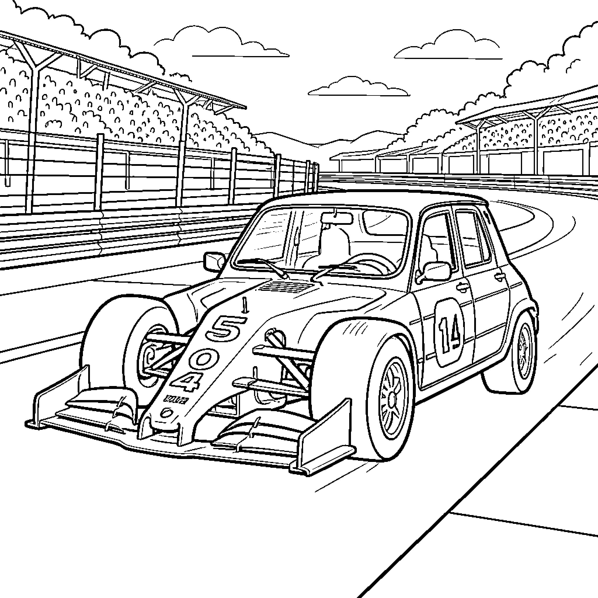 Renault 4 racing fast on a curved track Coloring Page (free black-and-white line drawing printable PDF for all, from beginners to advanced learners, including children, teens, adults, and seniors)
