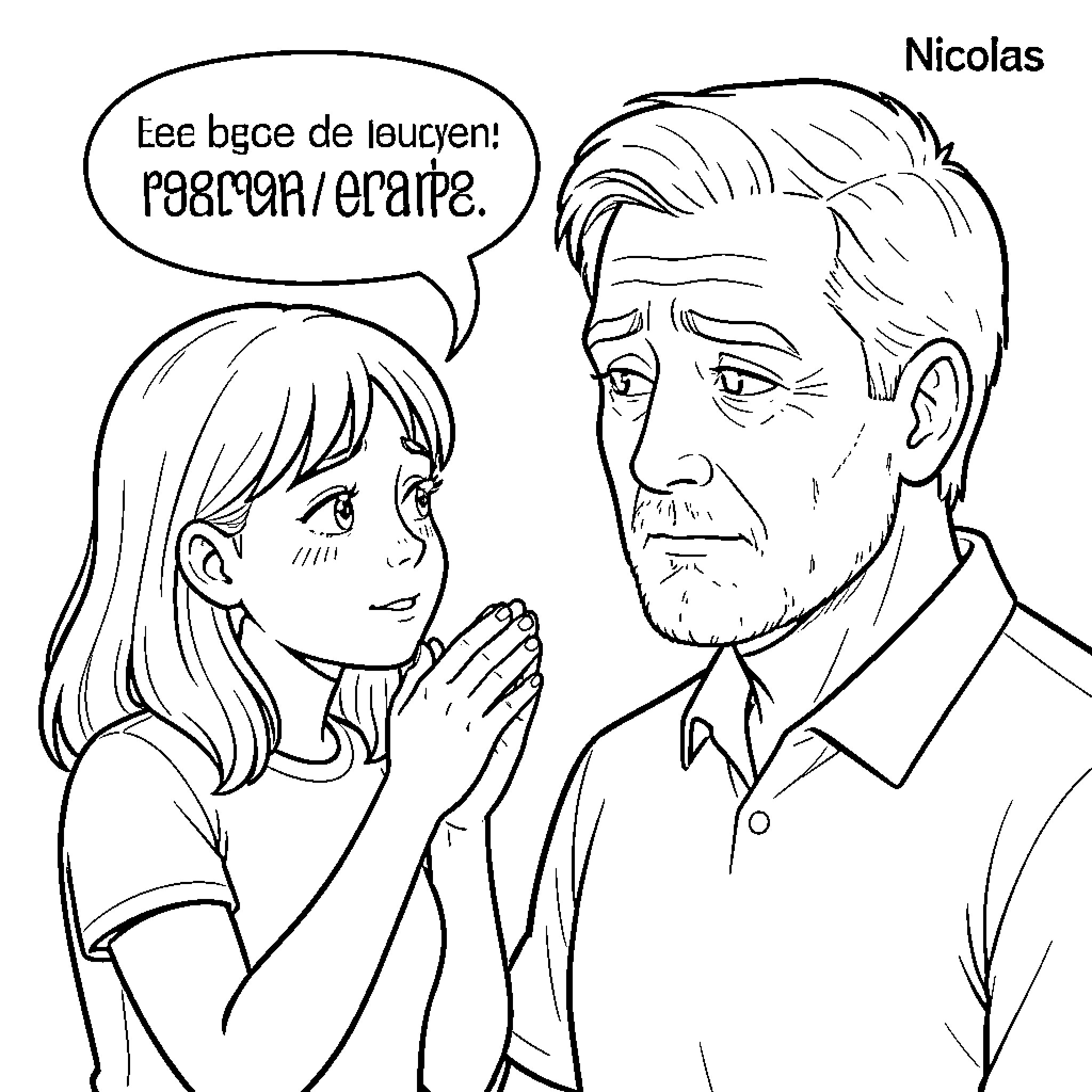 Girl talking to a stern-looking man Coloring Page (free black-and-white line drawing printable PDF for all, from beginners to advanced learners, including children, teens, adults, and seniors)