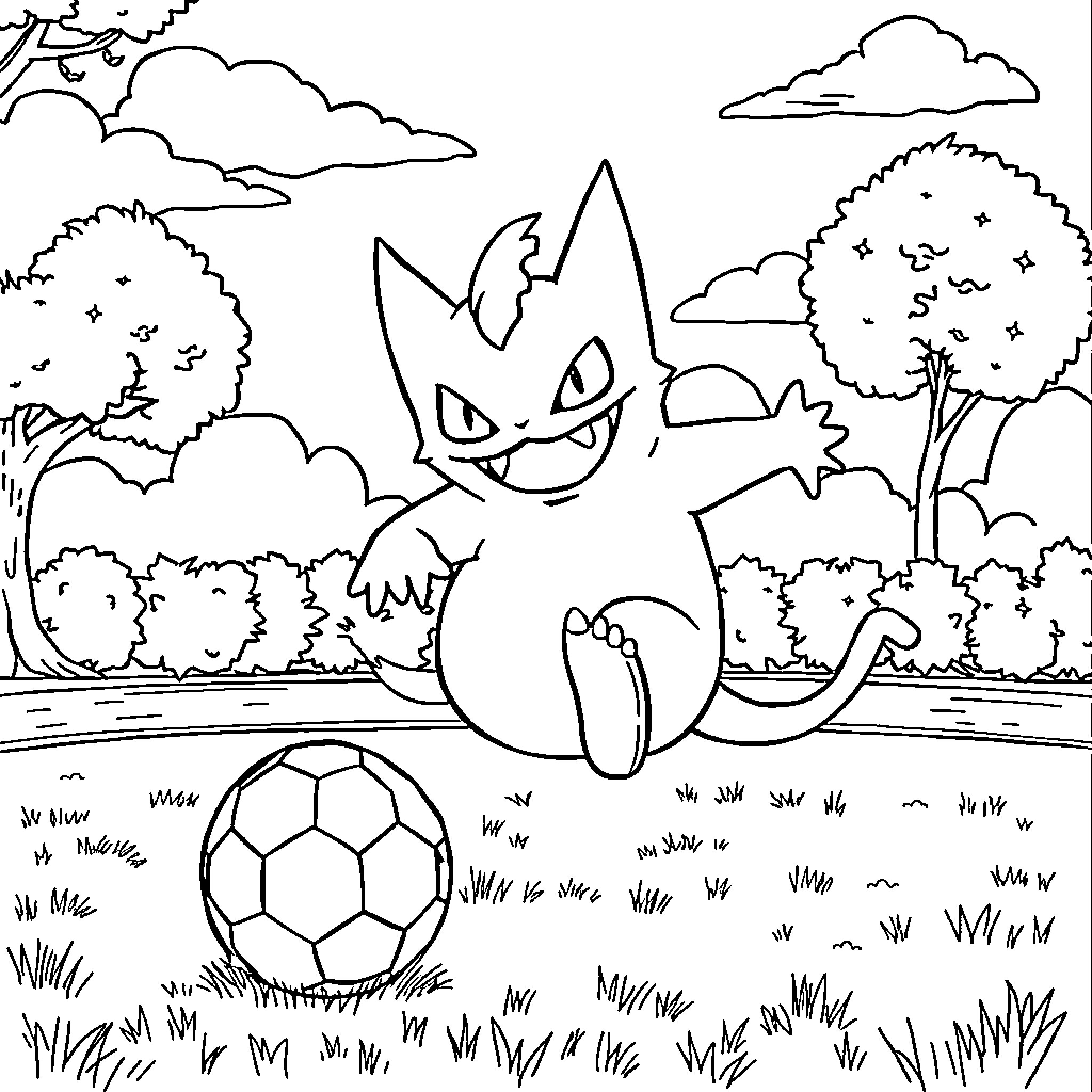 Gengar playing with a soccer ball in the park Coloring Page (free black-and-white line drawing printable PDF for all, from beginners to advanced learners, including children, teens, adults, and seniors)