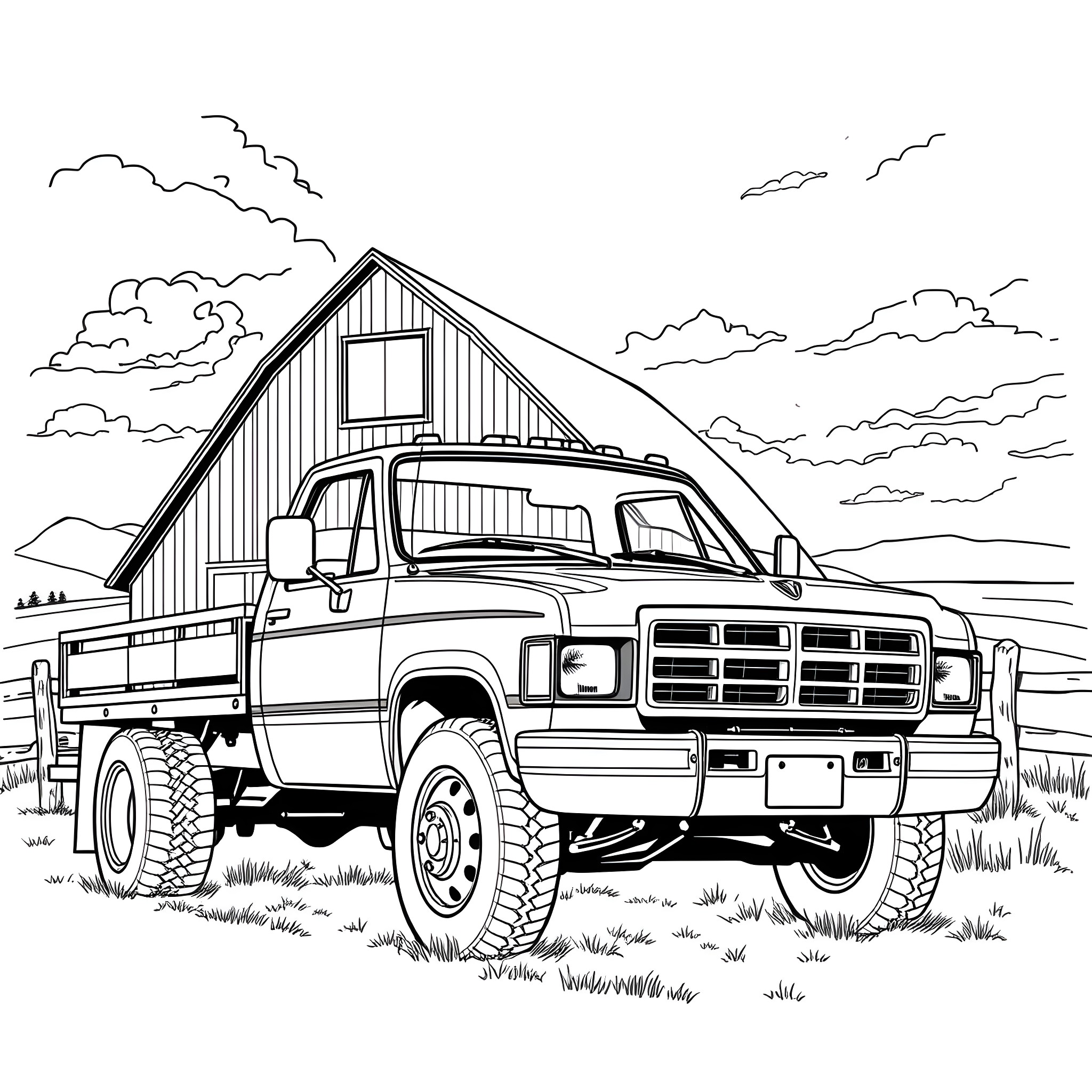 Ram truck with barn in rural landscape Coloring Page (free black-and-white line drawing printable PDF for all, from beginners to advanced learners, including children, teens, adults, and seniors)