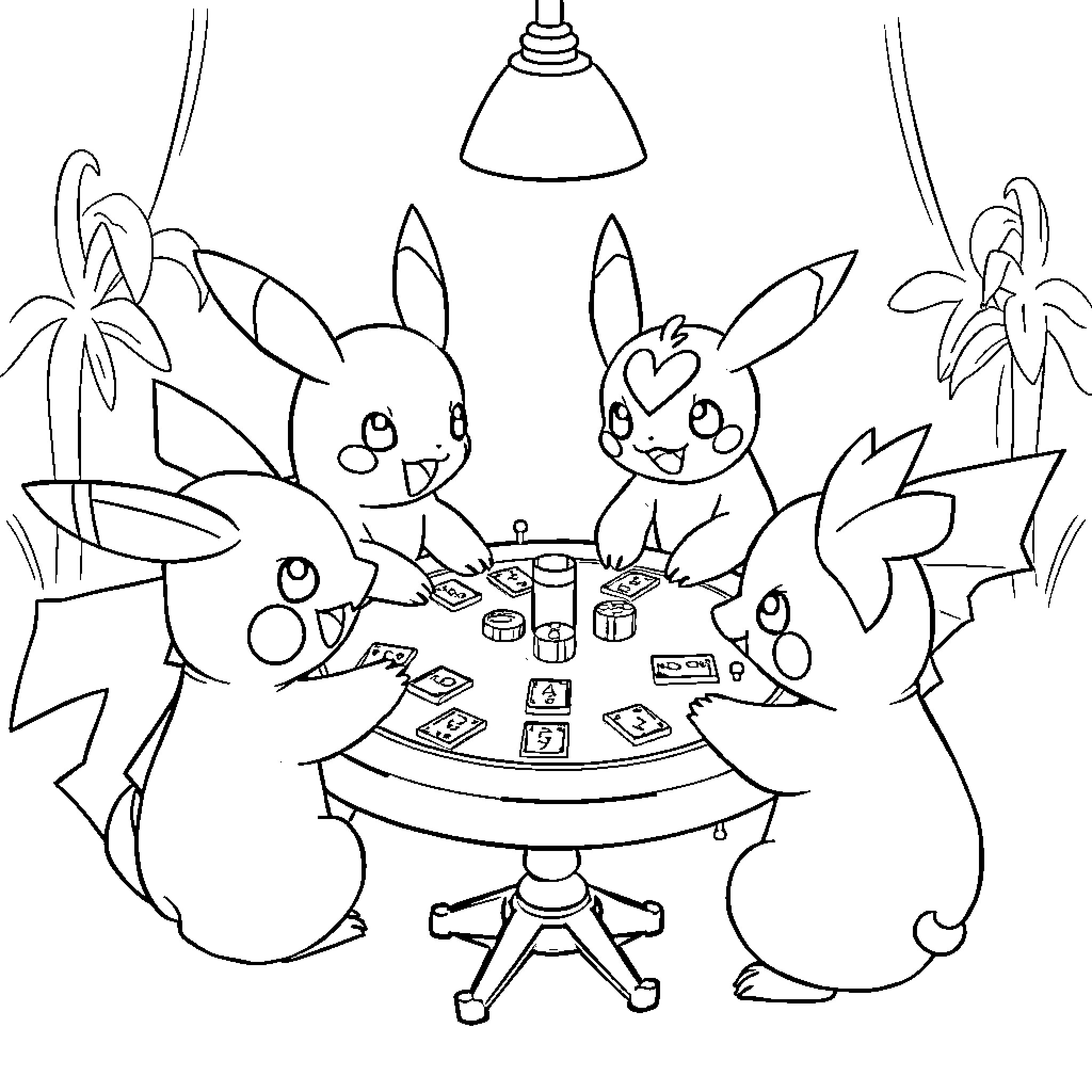 Pokémon playing games together in a cozy setting Coloring Page (free black-and-white line drawing printable PDF for all, from beginners to advanced learners, including children, teens, adults, and seniors)