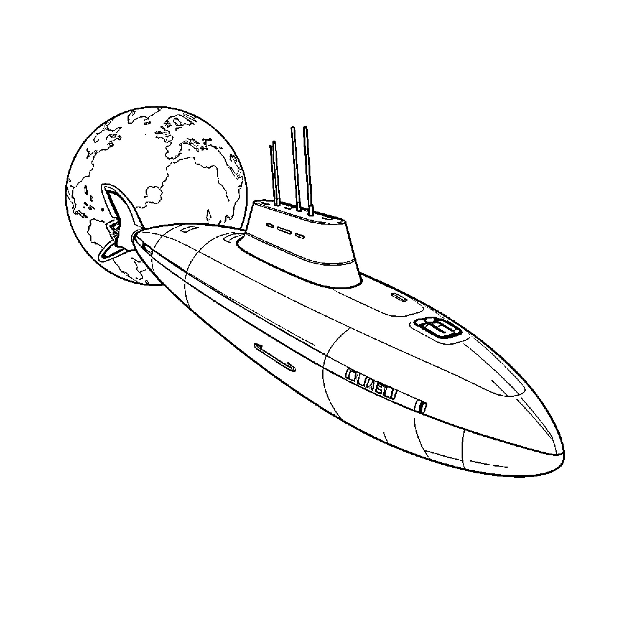 Spaceship exploring the globe Coloring Page (free black-and-white line drawing printable PDF for all, from beginners to advanced learners, including children, teens, adults, and seniors)