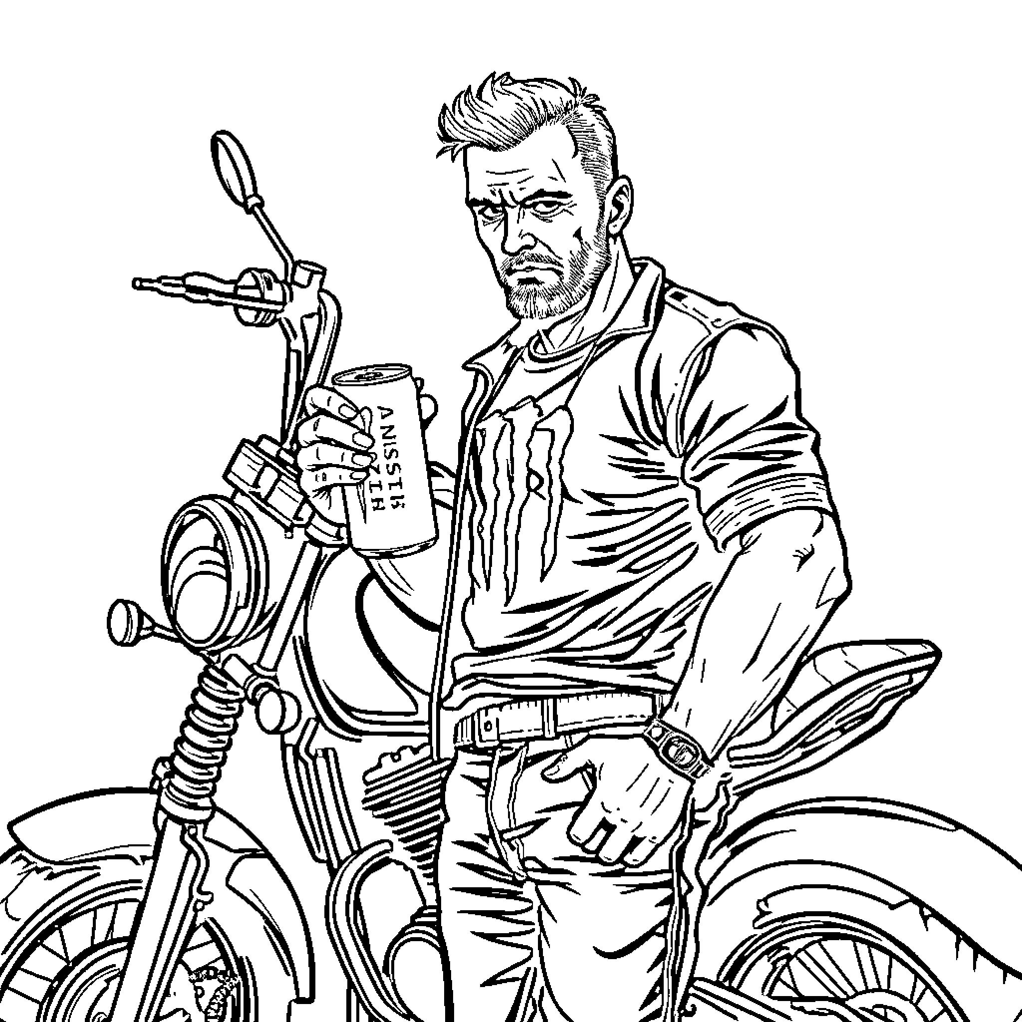 Guy in Casual Attire Riding Motorcycle Coloring Page (free black-and-white line drawing printable PDF for all, from beginners to advanced learners, including children, teens, adults, and seniors)