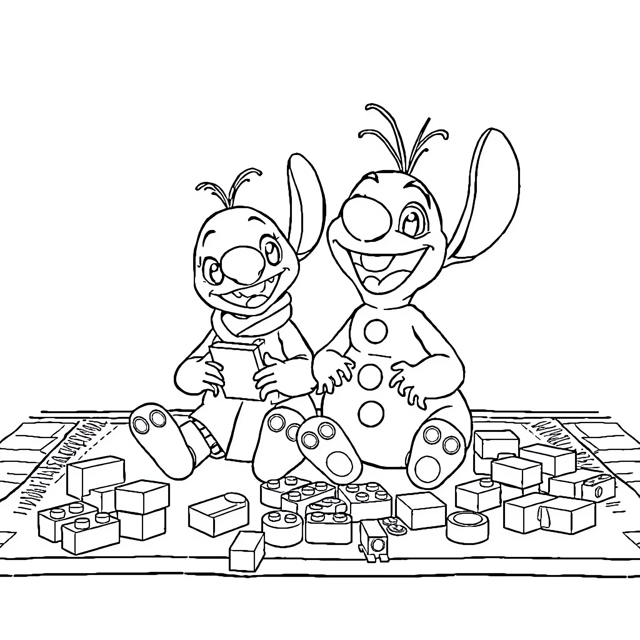 Olaf and friend playing with building blocks Coloring Page (free black-and-white line drawing printable PDF for all, from beginners to advanced learners, including children, teens, adults, and seniors)