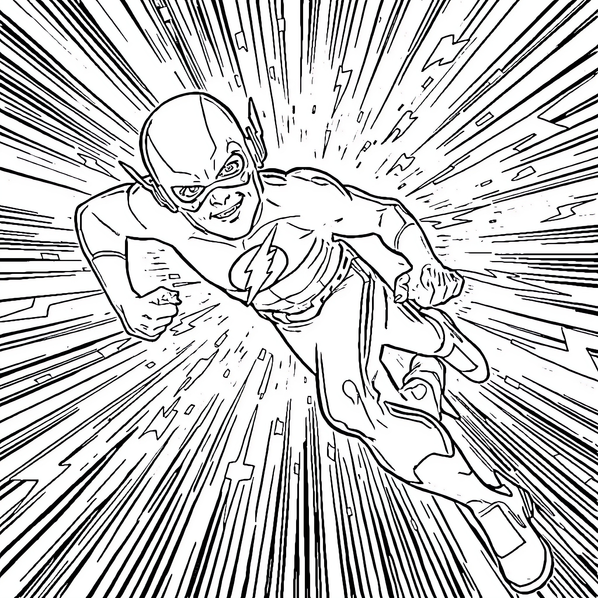 Flash speeding through action-packed scene Coloring Page (free black-and-white line drawing printable PDF for all, from beginners to advanced learners, including children, teens, adults, and seniors)