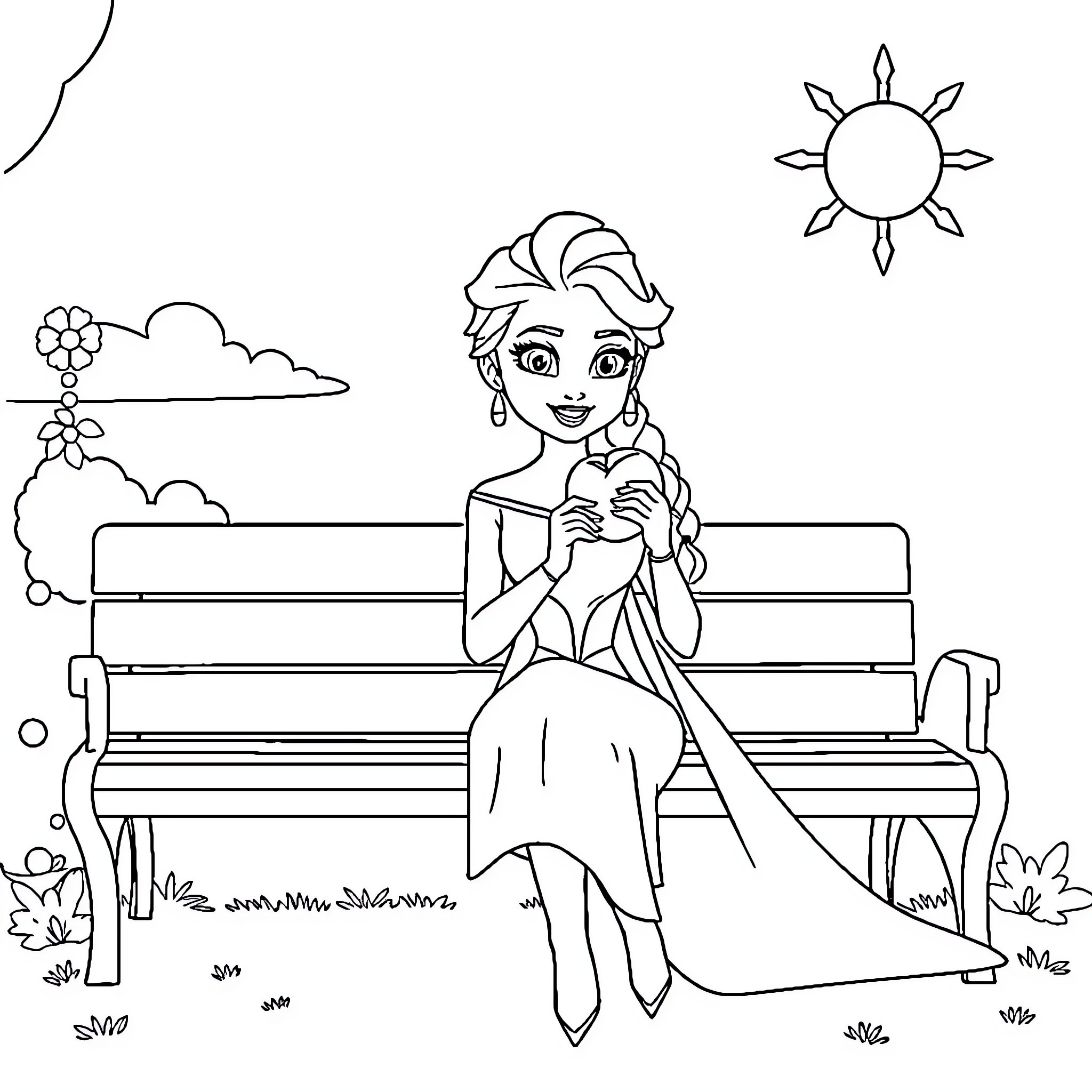 Elsa relaxing on a park bench on a sunny day Coloring Page (free black-and-white line drawing printable PDF for all, from beginners to advanced learners, including children, teens, adults, and seniors)