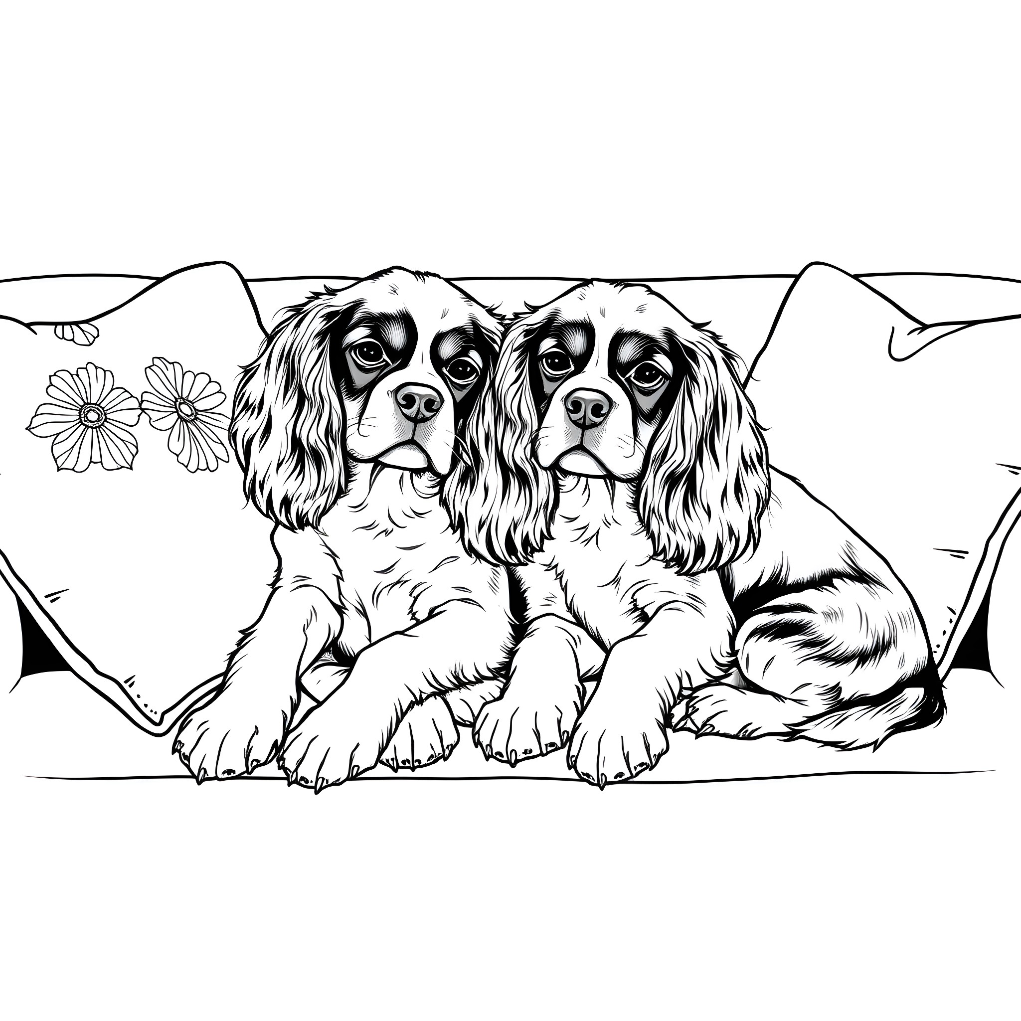 Cavalier King Charles Spaniels Sitting Outdoors Coloring Page (free black-and-white line drawing printable PDF for all, from beginners to advanced learners, including children, teens, adults, and seniors)