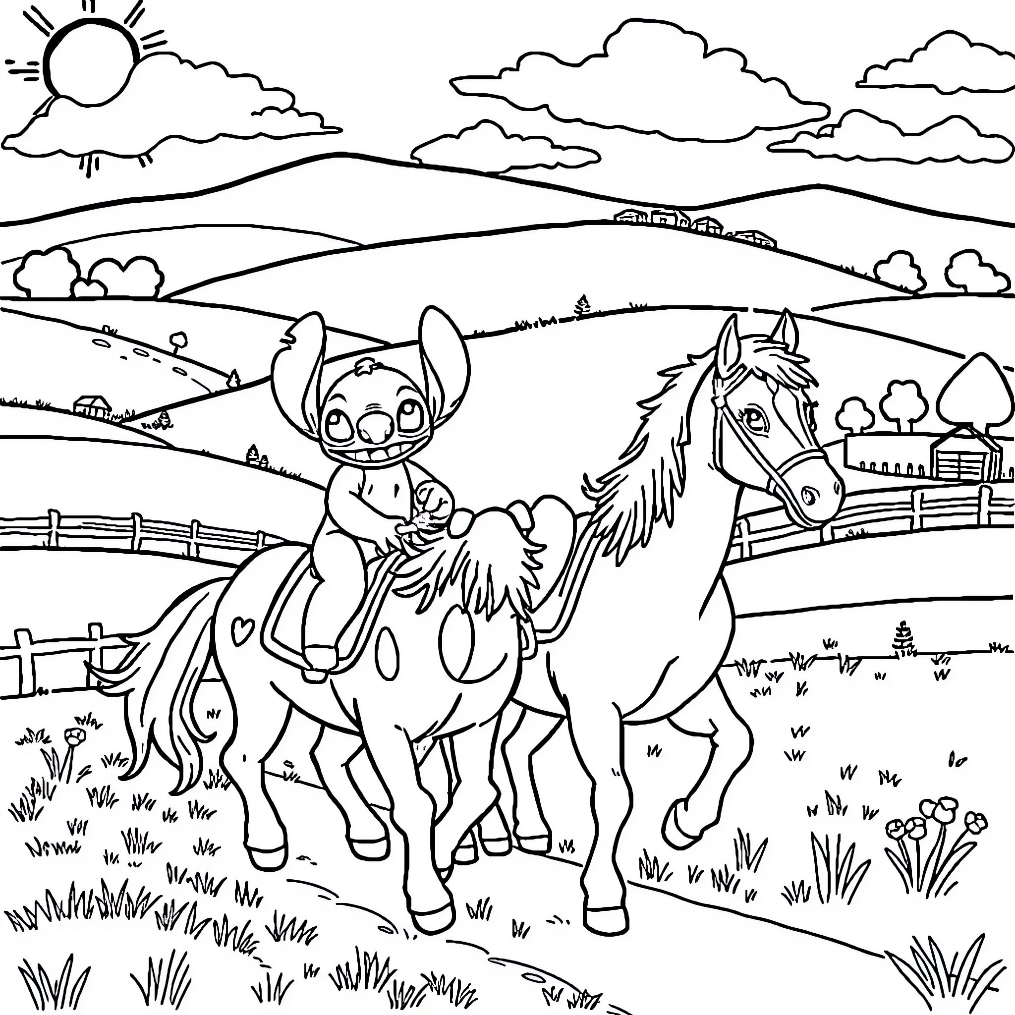 Horse and rider exploring the countryside Coloring Page (free black-and-white line drawing printable PDF for all, from beginners to advanced learners, including children, teens, adults, and seniors)