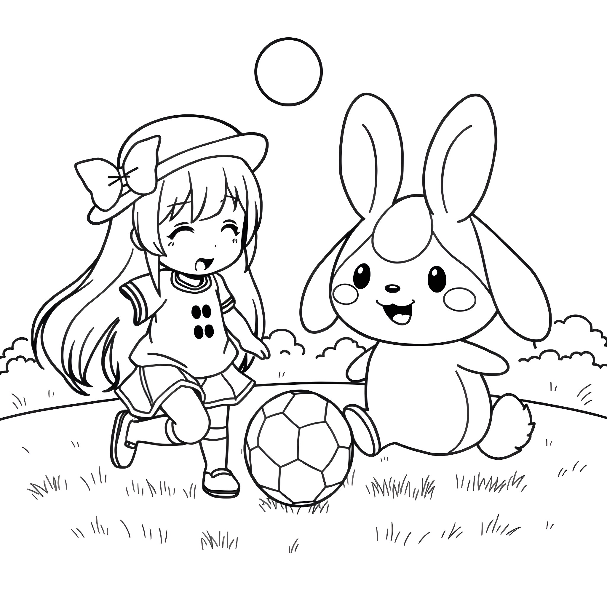 Kuromi playing with a bunny and soccer ball Coloring Page (free black-and-white line drawing printable PDF for all, from beginners to advanced learners, including children, teens, adults, and seniors)