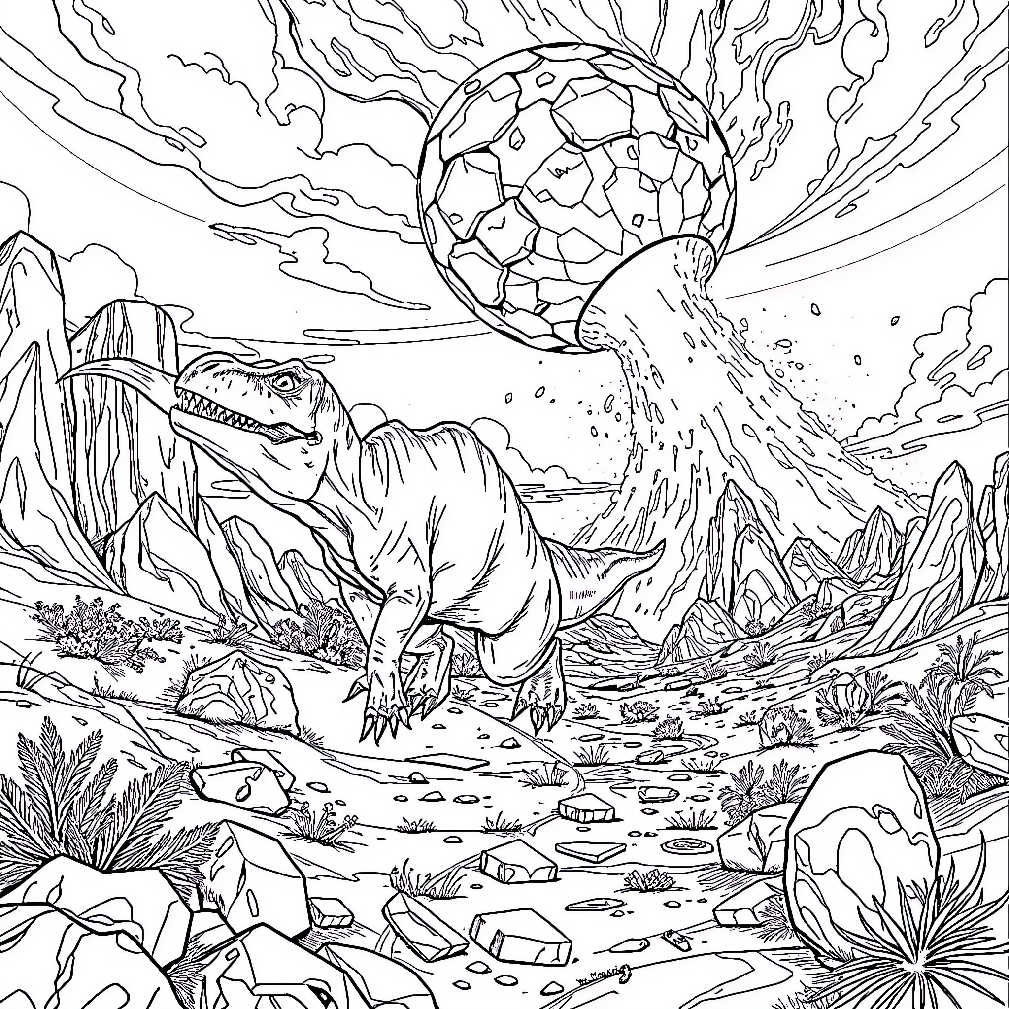 Dinosaur hunting in the prehistoric landscape Coloring Page (free black-and-white line drawing printable PDF for all, from beginners to advanced learners, including children, teens, adults, and seniors)