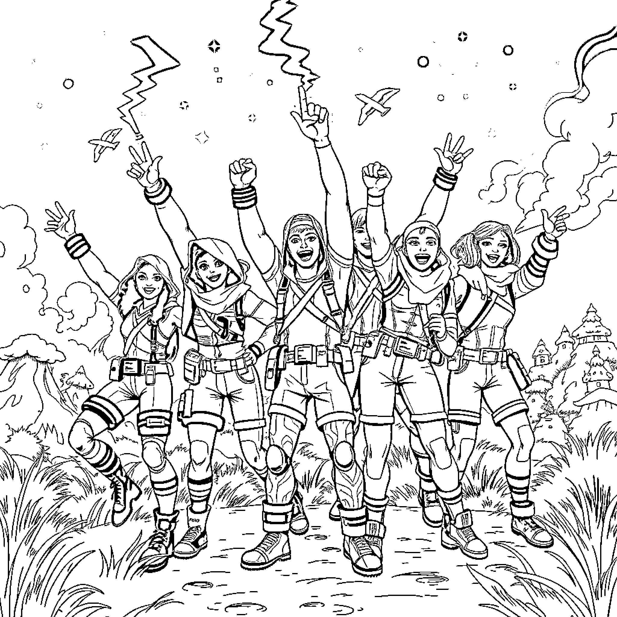 Fortnite characters in exciting victory pose Coloring Page (free black-and-white line drawing printable PDF for all, from beginners to advanced learners, including children, teens, adults, and seniors)