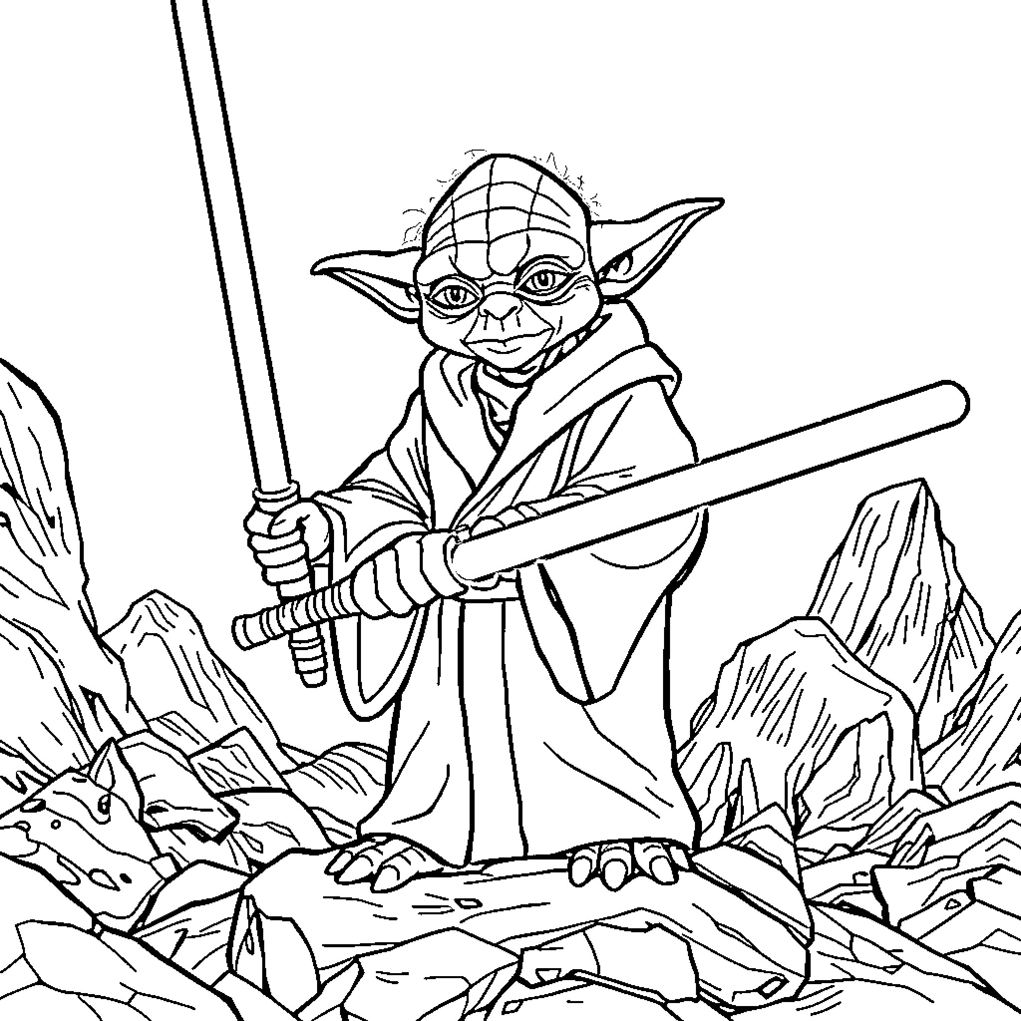 Yoda the Jedi Master wielding his lightsaber in the wilderness Coloring Page (free black-and-white line drawing printable PDF for all, from beginners to advanced learners, including children, teens, adults, and seniors)