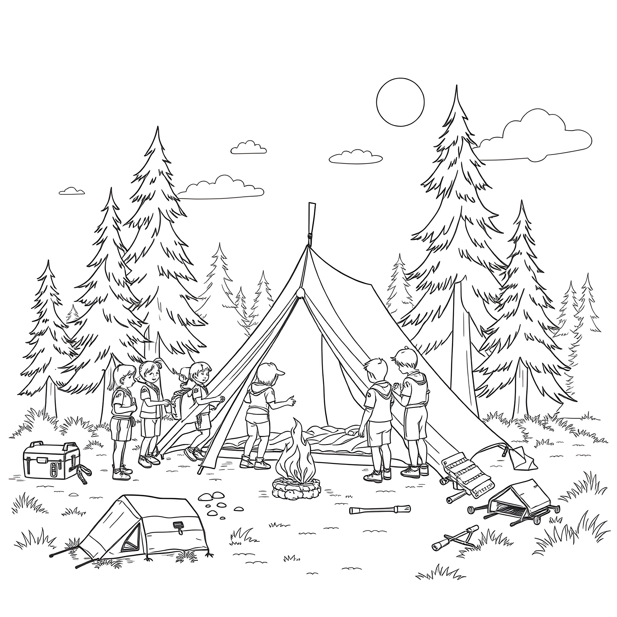 Scout camping in the wilderness with friends Coloring Page (free black-and-white line drawing printable PDF for all, from beginners to advanced learners, including children, teens, adults, and seniors)