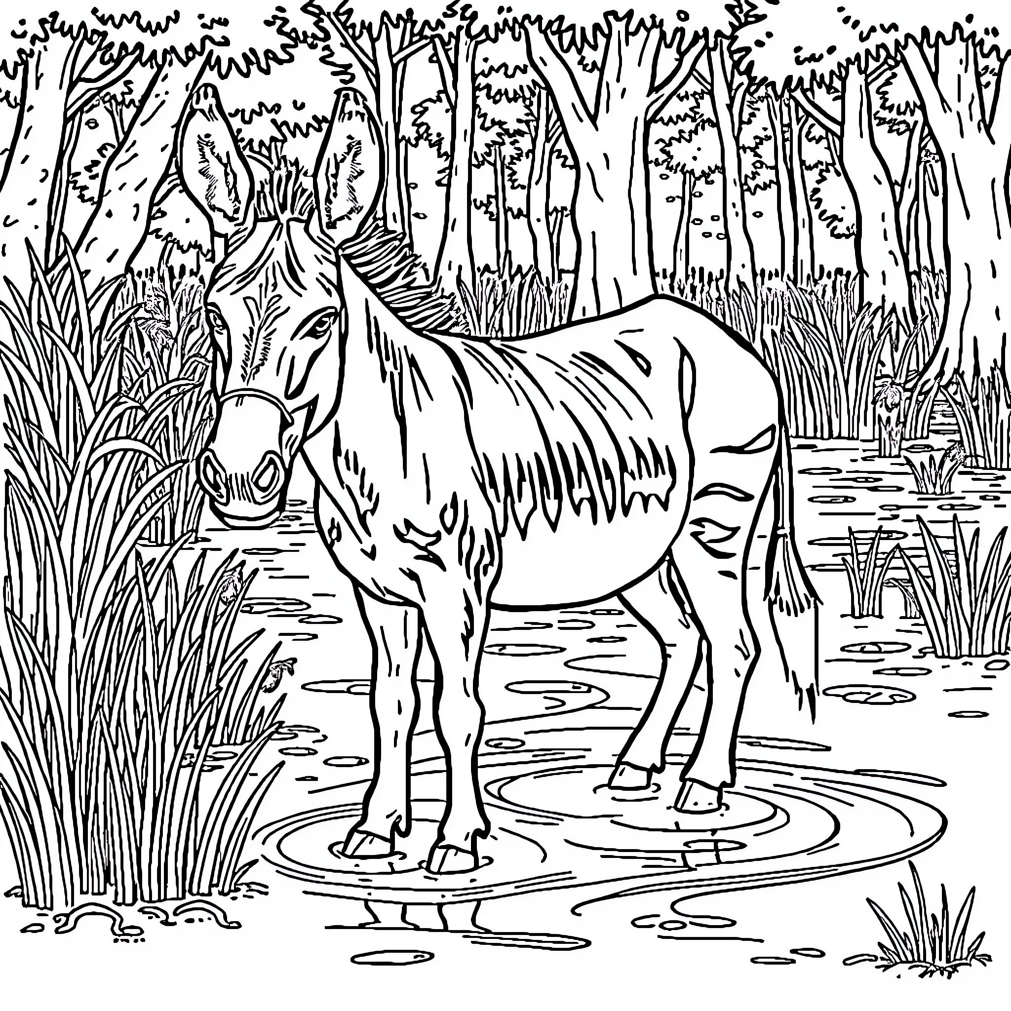 Donkey standing in a serene forest landscape Coloring Page (free black-and-white line drawing printable PDF for all, from beginners to advanced learners, including children, teens, adults, and seniors)