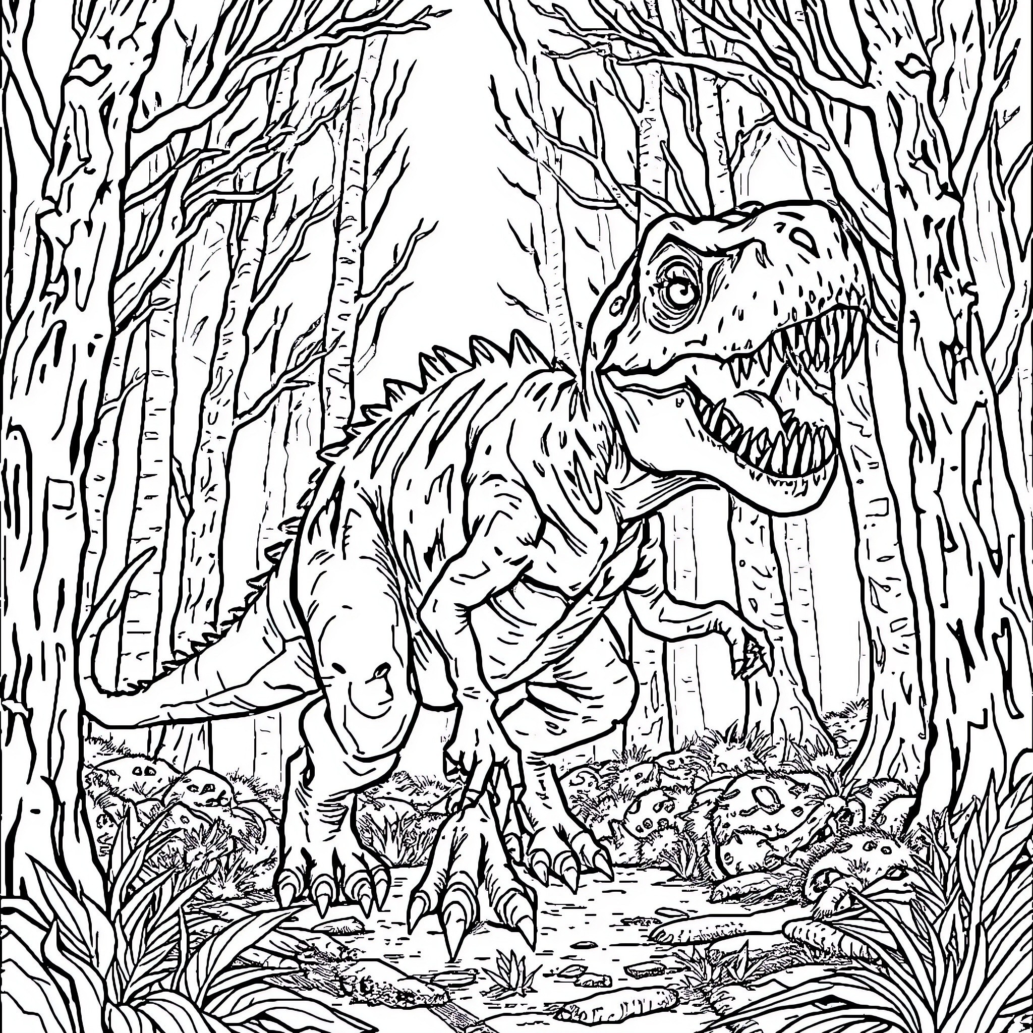 Zombie T-Rex stalking through the eerie forest Coloring Page (free black-and-white line drawing printable PDF for all, from beginners to advanced learners, including children, teens, adults, and seniors)