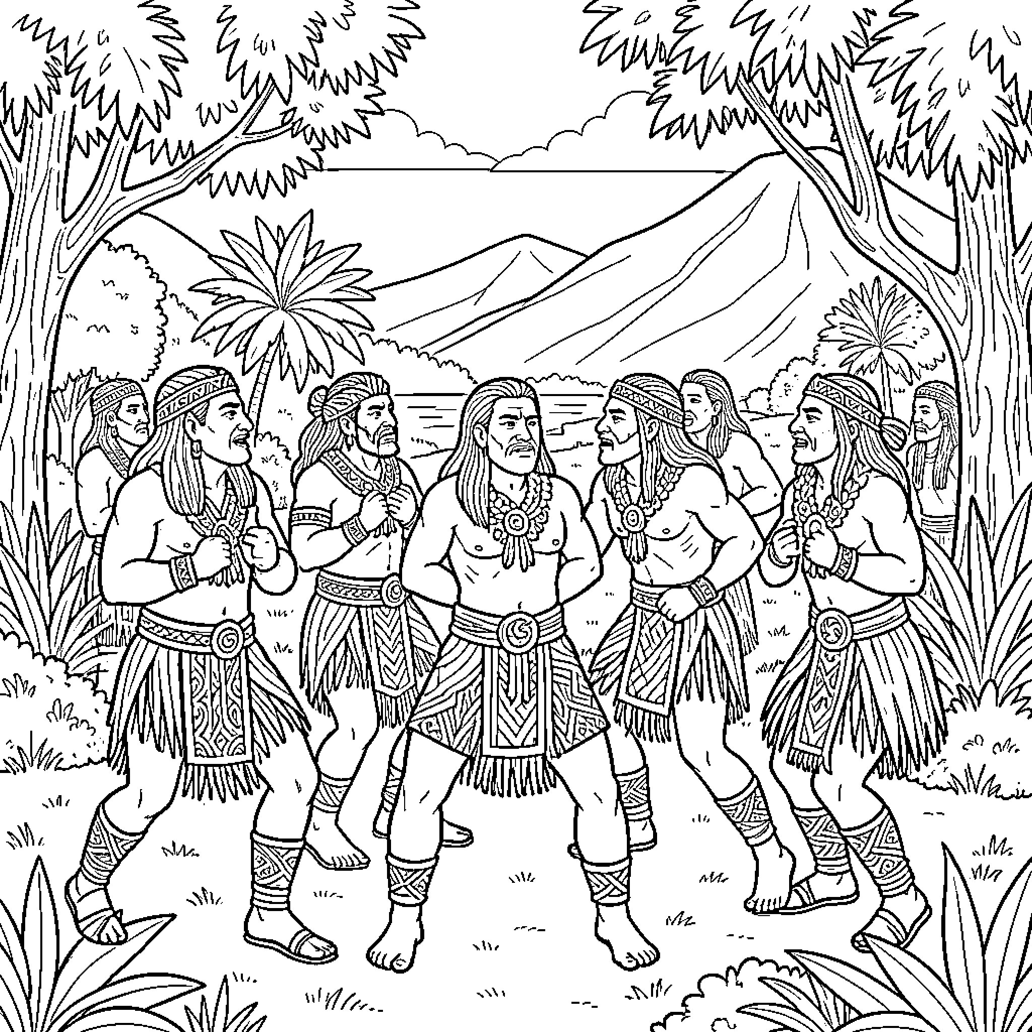 Haka of the Indigenous Tribe in a Tropical Landscape Coloring Page (free black-and-white line drawing printable PDF for all, from beginners to advanced learners, including children, teens, adults, and seniors)
