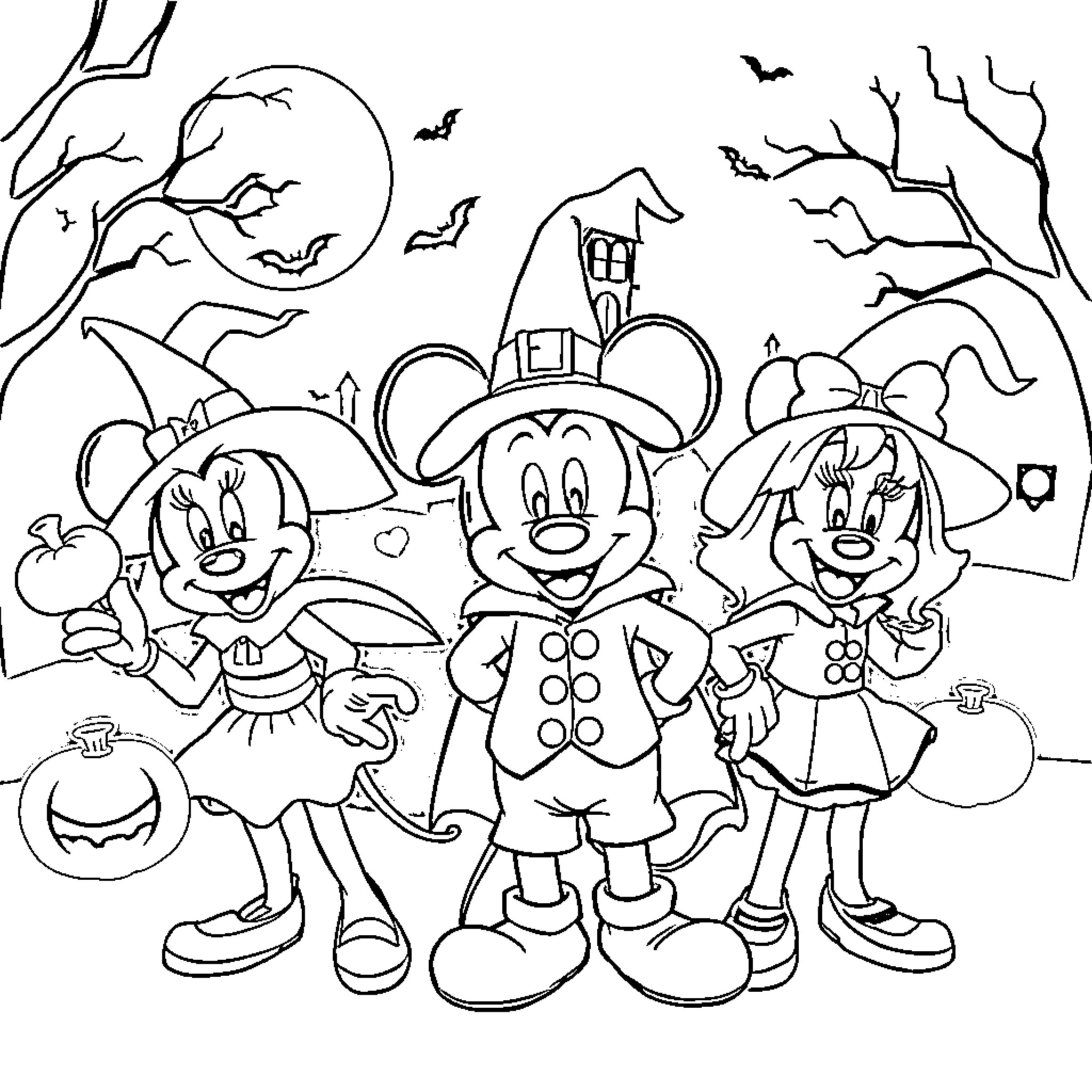 Disney Characters Celebrating Halloween Together Coloring Page (free black-and-white line drawing printable PDF for all, from beginners to advanced learners, including children, teens, adults, and seniors)
