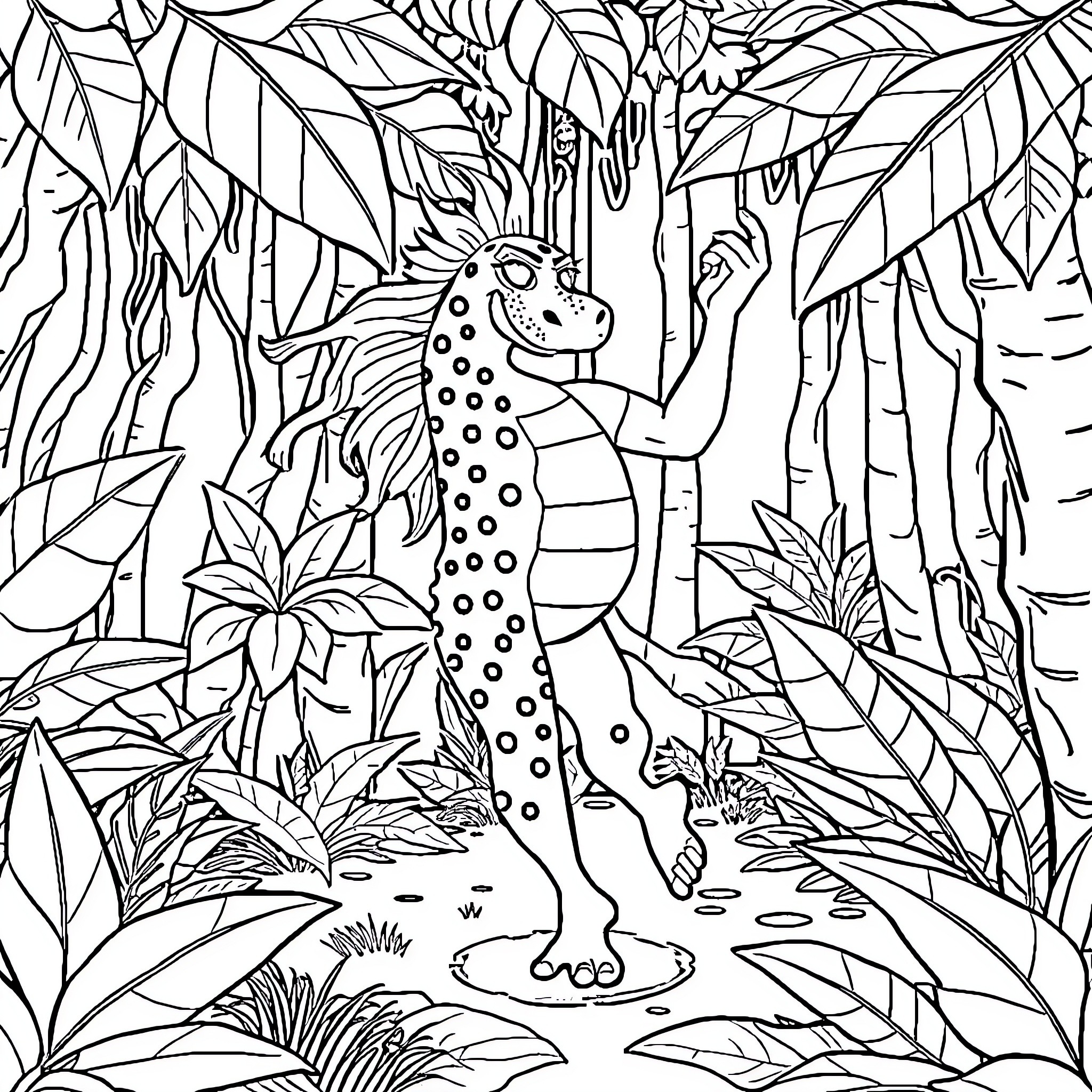 Capybara exploring the lush jungle foliage Coloring Page (free black-and-white line drawing printable PDF for all, from beginners to advanced learners, including children, teens, adults, and seniors)