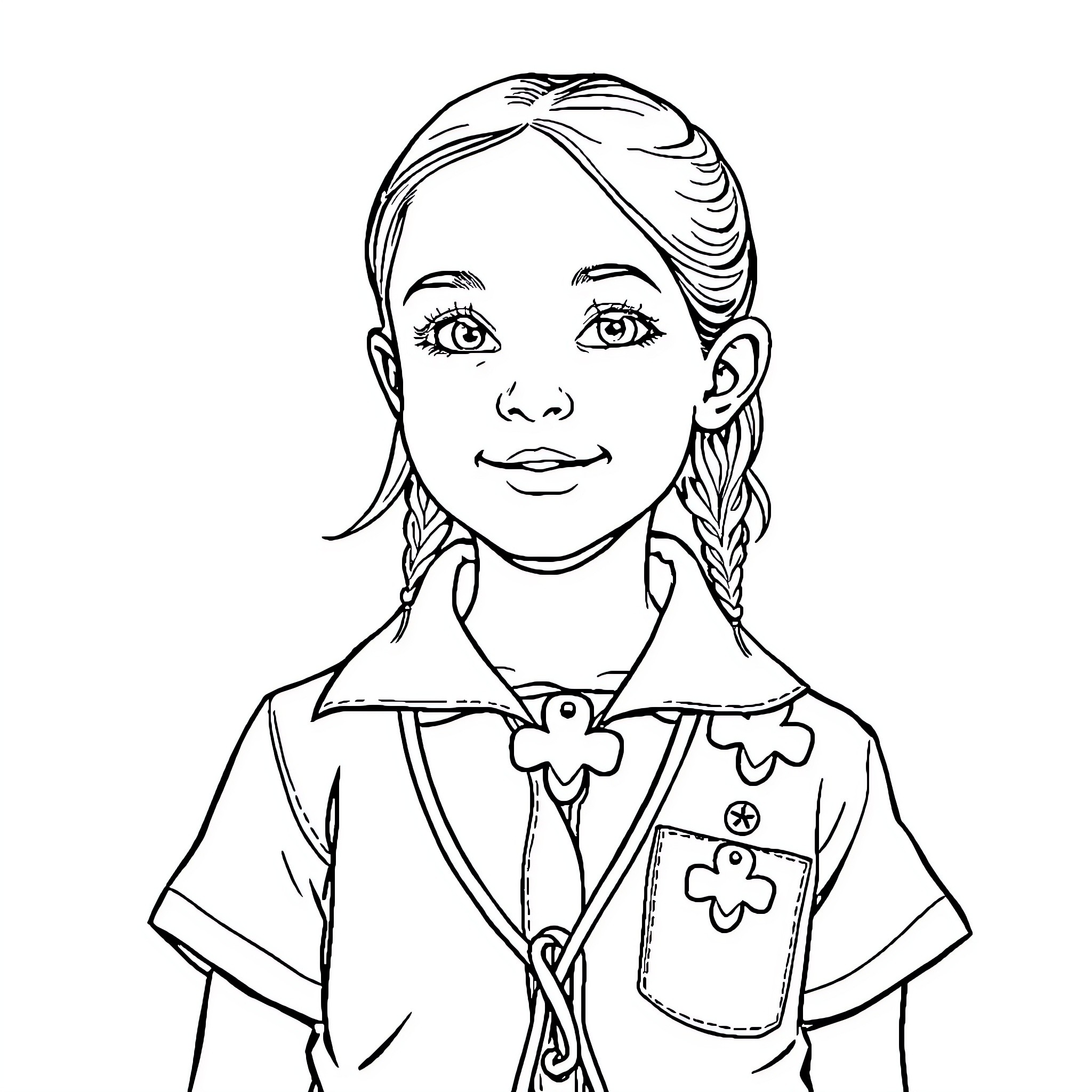 Girl Scout smiling confidently in uniform Coloring Page (free black-and-white line drawing printable PDF for all, from beginners to advanced learners, including children, teens, adults, and seniors)